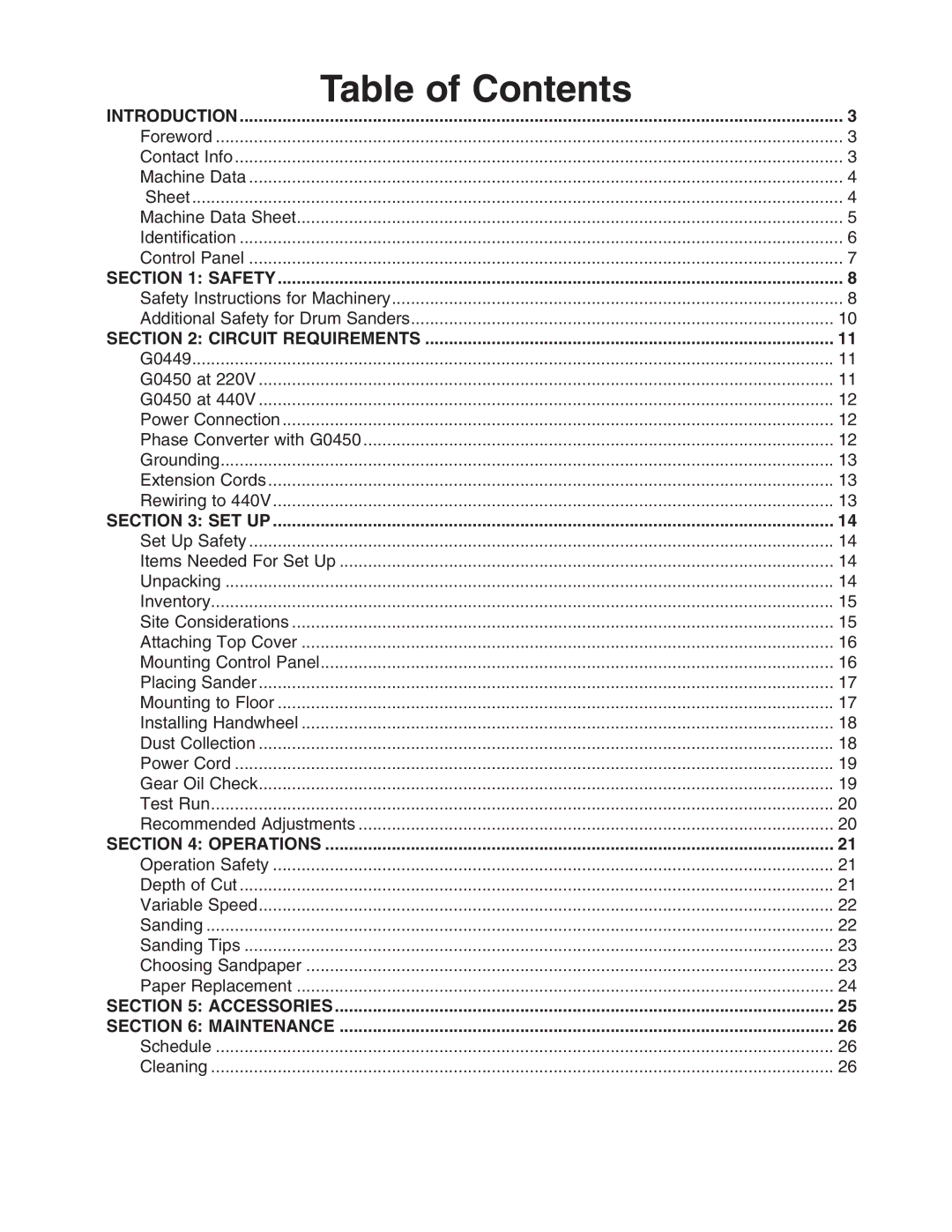 Grizzly G0449 instruction manual Table of Contents 