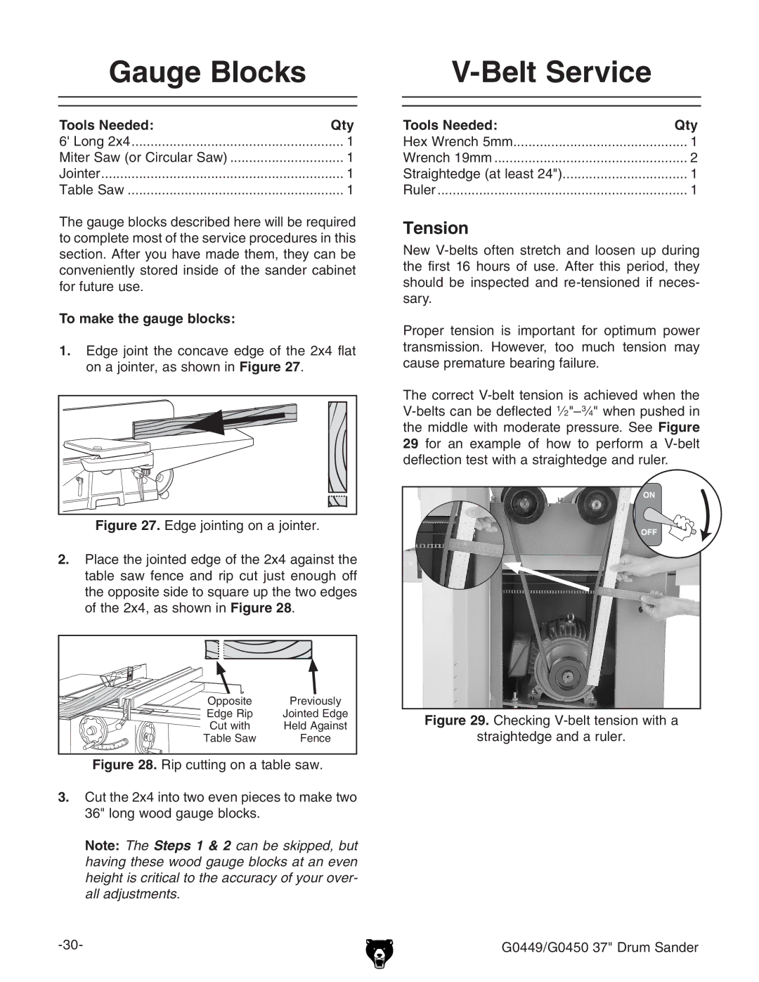 Grizzly G0449 instruction manual Gauge Blocks, Belt Service, To make the gauge blocks 