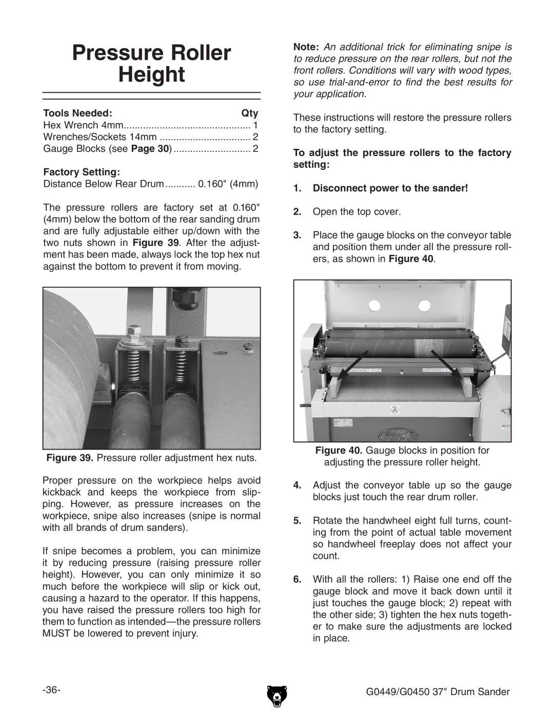 Grizzly G0449 instruction manual Pressure Roller, Height, Factory Setting 