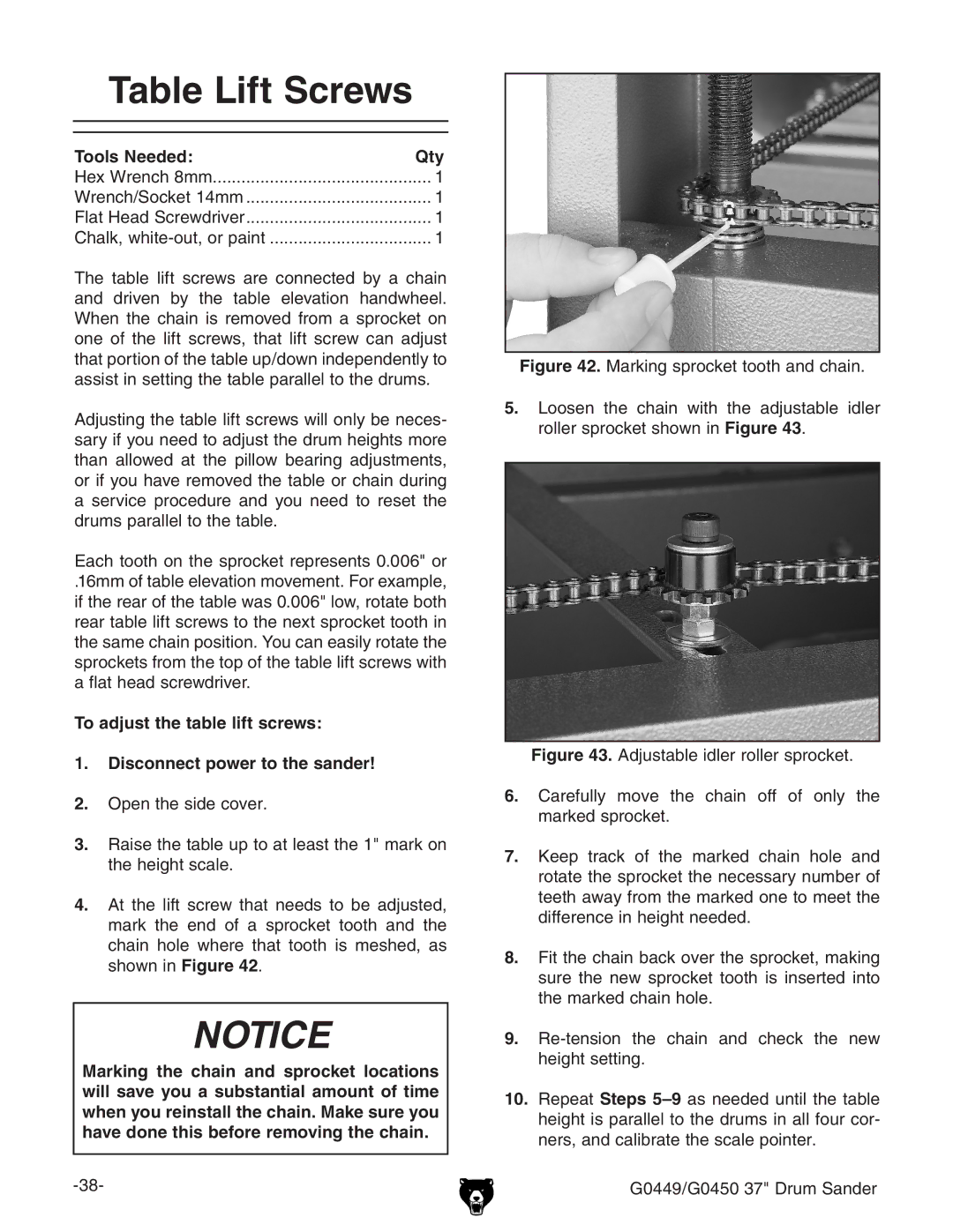 Grizzly G0449 instruction manual Table Lift Screws 