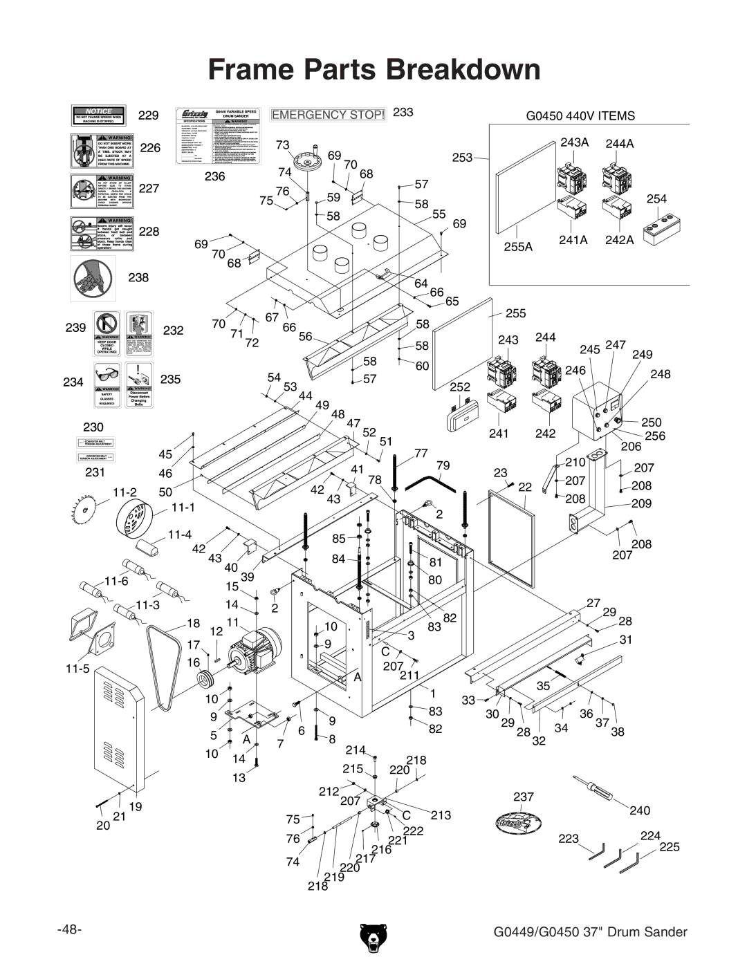 Grizzly G0449 instruction manual Frame Parts Breakdown 