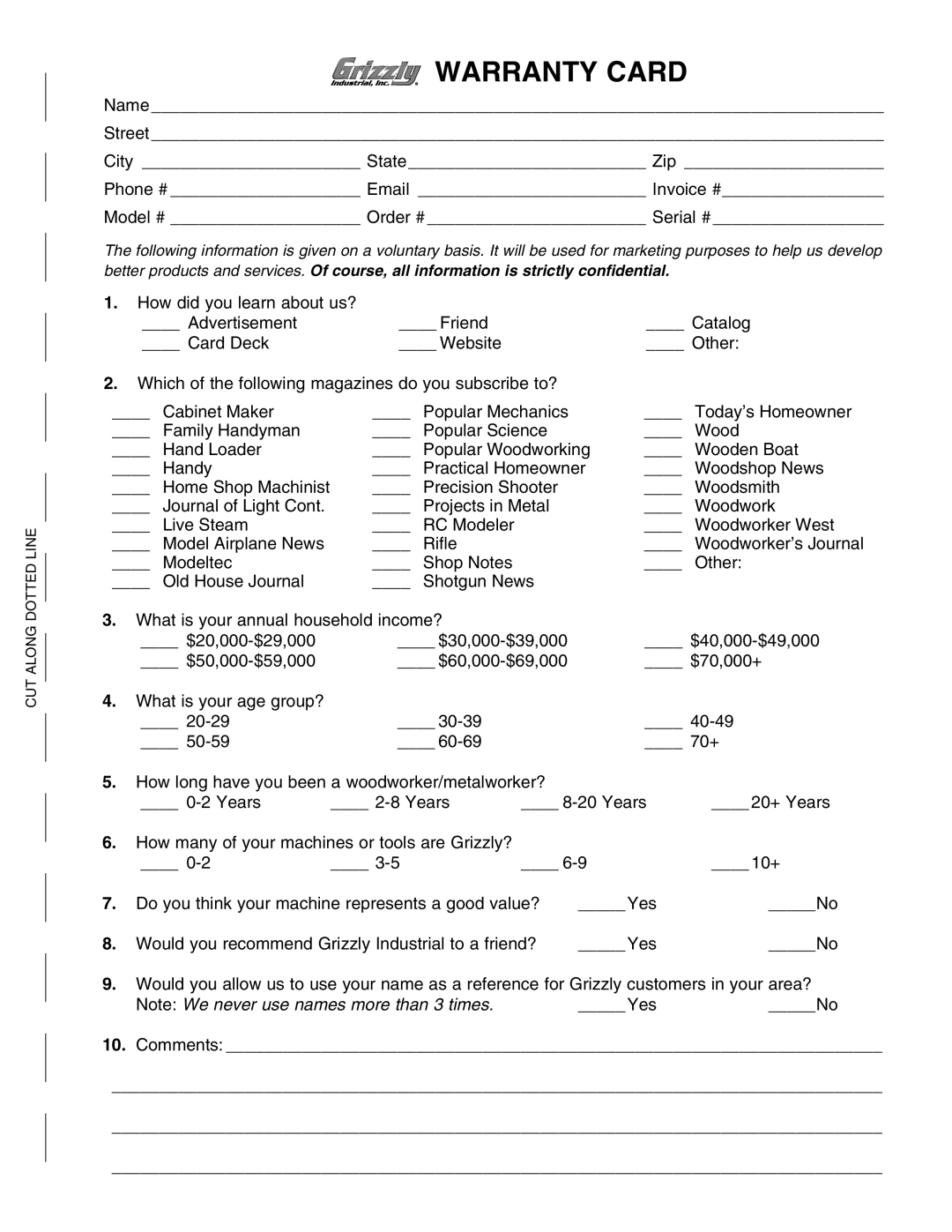 Grizzly G0449 instruction manual Warranty Card, Comments 