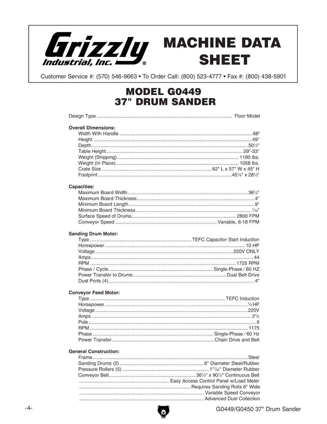 Grizzly G0449 instruction manual Machine Data Sheet 