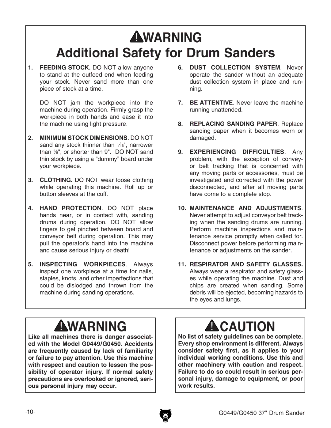 Grizzly G0450 instruction manual Additional Safety for Drum Sanders 