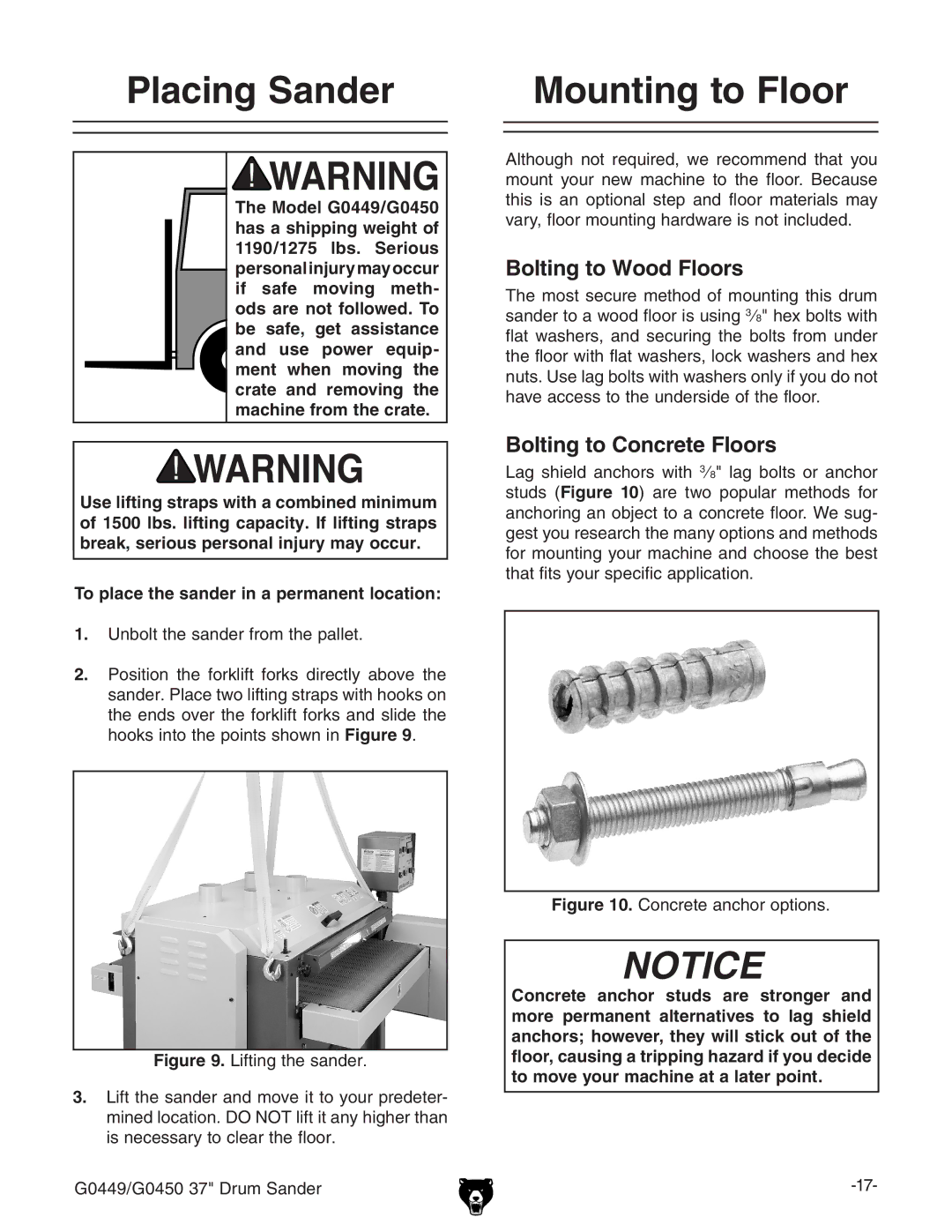 Grizzly G0450 instruction manual Placing Sander, Mounting to Floor 