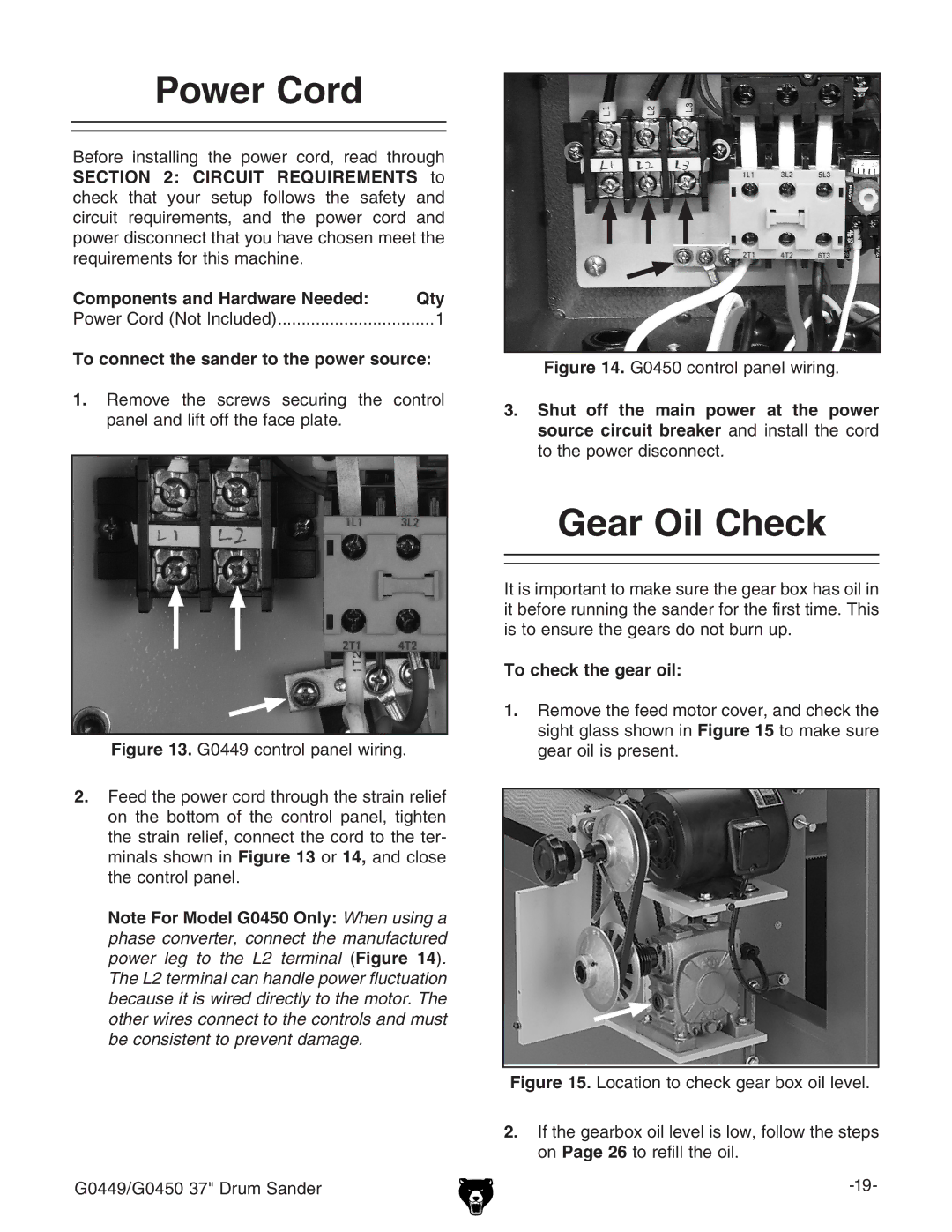 Grizzly G0450 Power Cord, Gear Oil Check, To connect the sander to the power source, To check the gear oil 