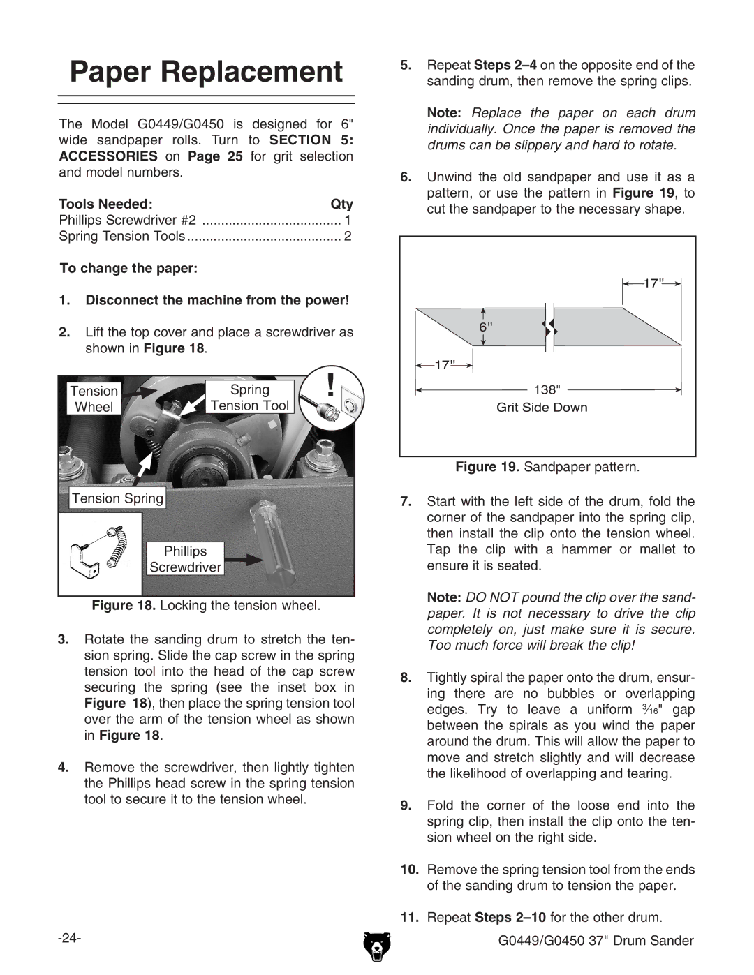 Grizzly G0450 Paper Replacement, Tools Needed Qty, To change the paper Disconnect the machine from the power 