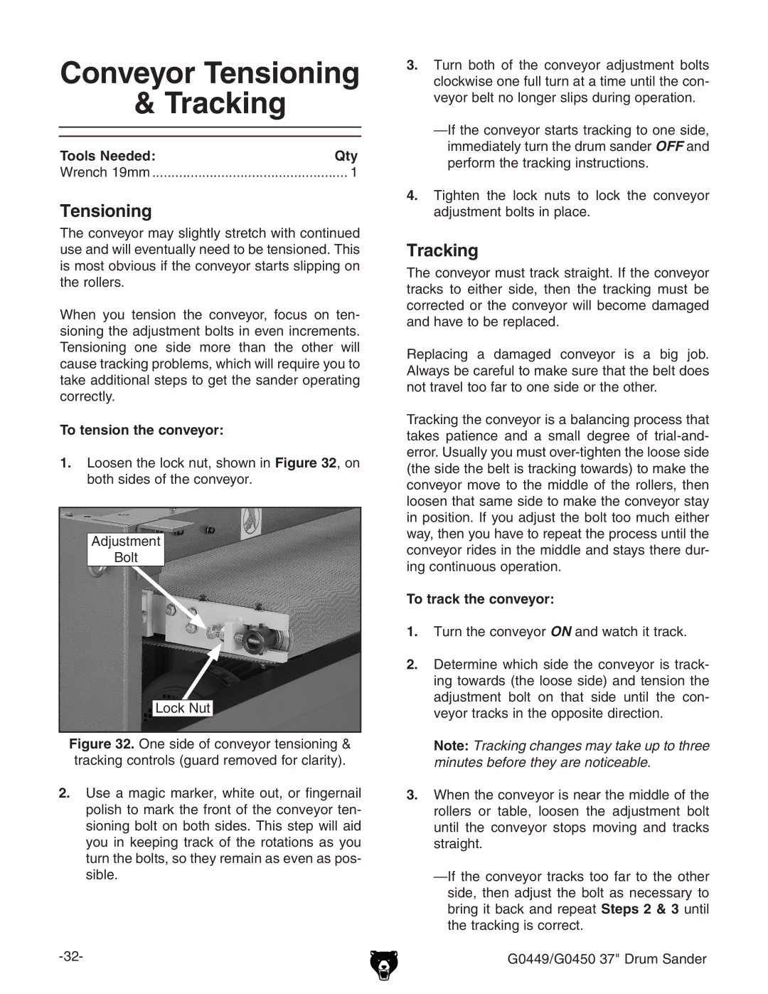 Grizzly G0450 instruction manual Conveyor Tensioning Tracking, To tension the conveyor, To track the conveyor 