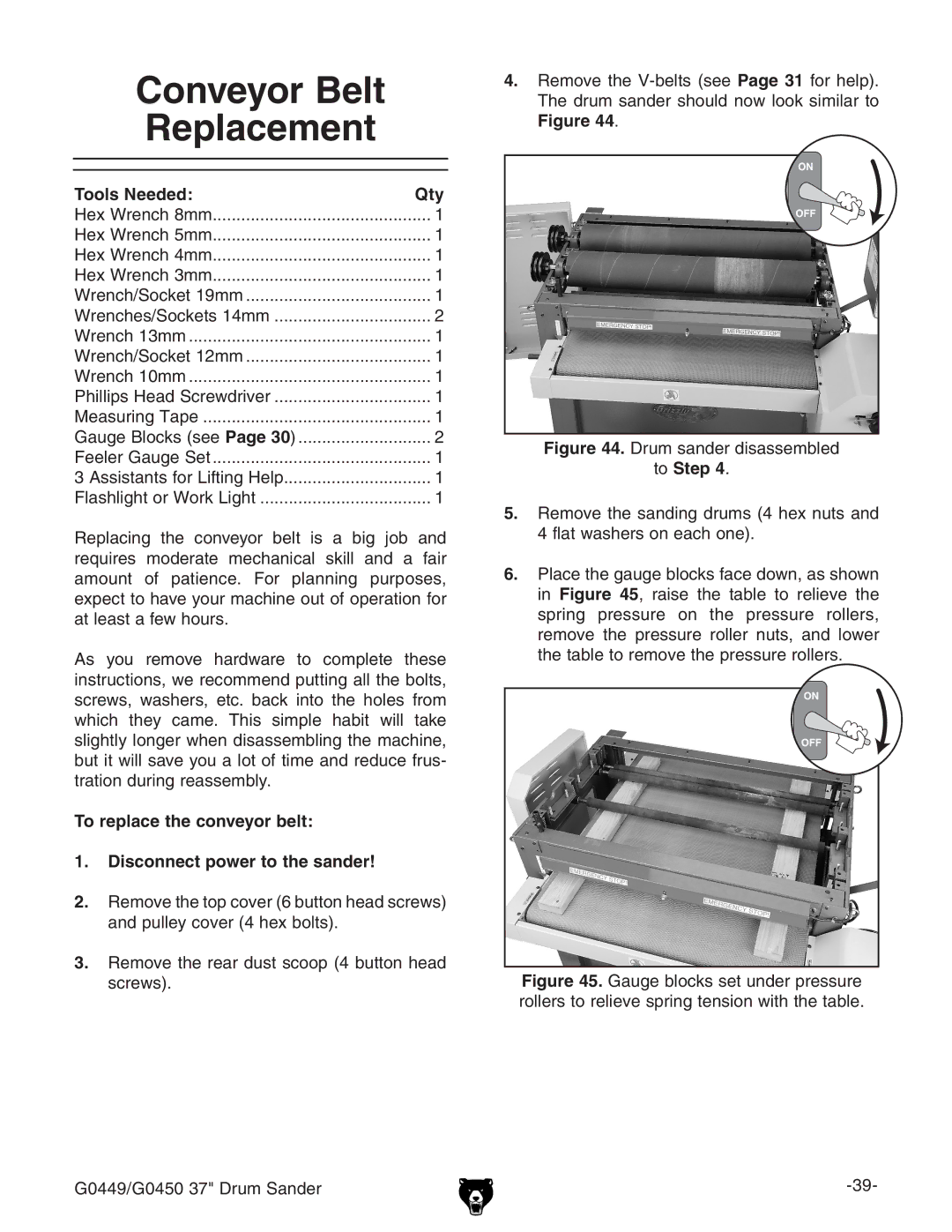 Grizzly G0450 Conveyor Belt Replacement, To replace the conveyor belt Disconnect power to the sander, To Step 