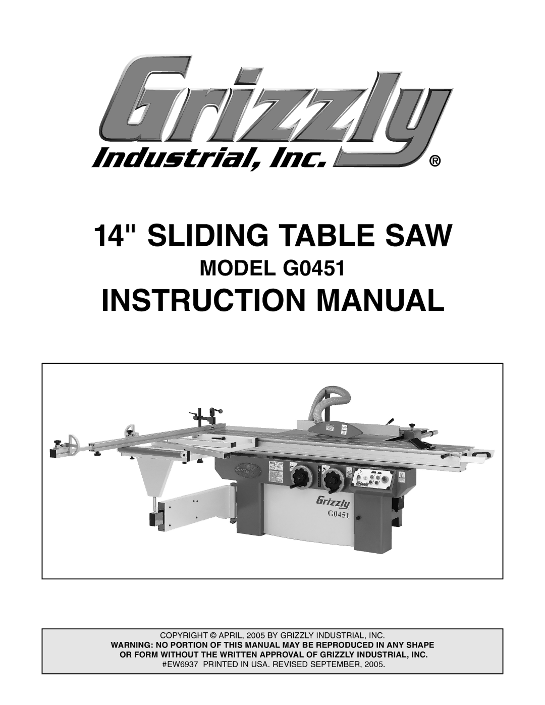 Grizzly G0451 instruction manual Sliding Table SAW 