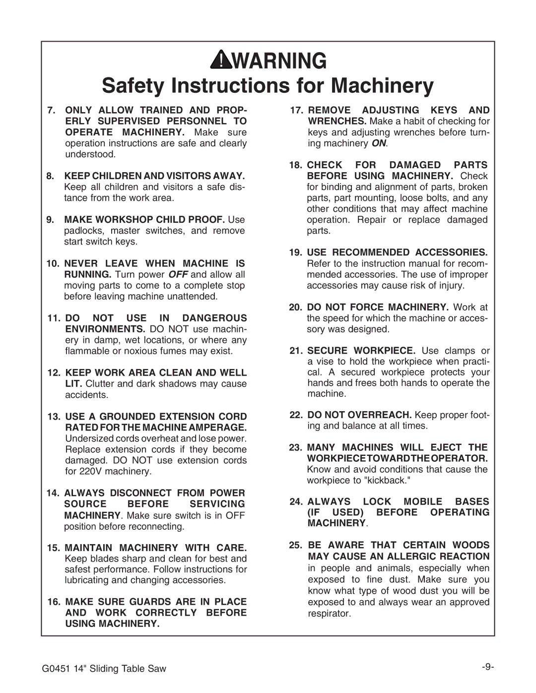 Grizzly G0451 instruction manual Always Lock Mobile Bases if Used Before Operating Machinery 