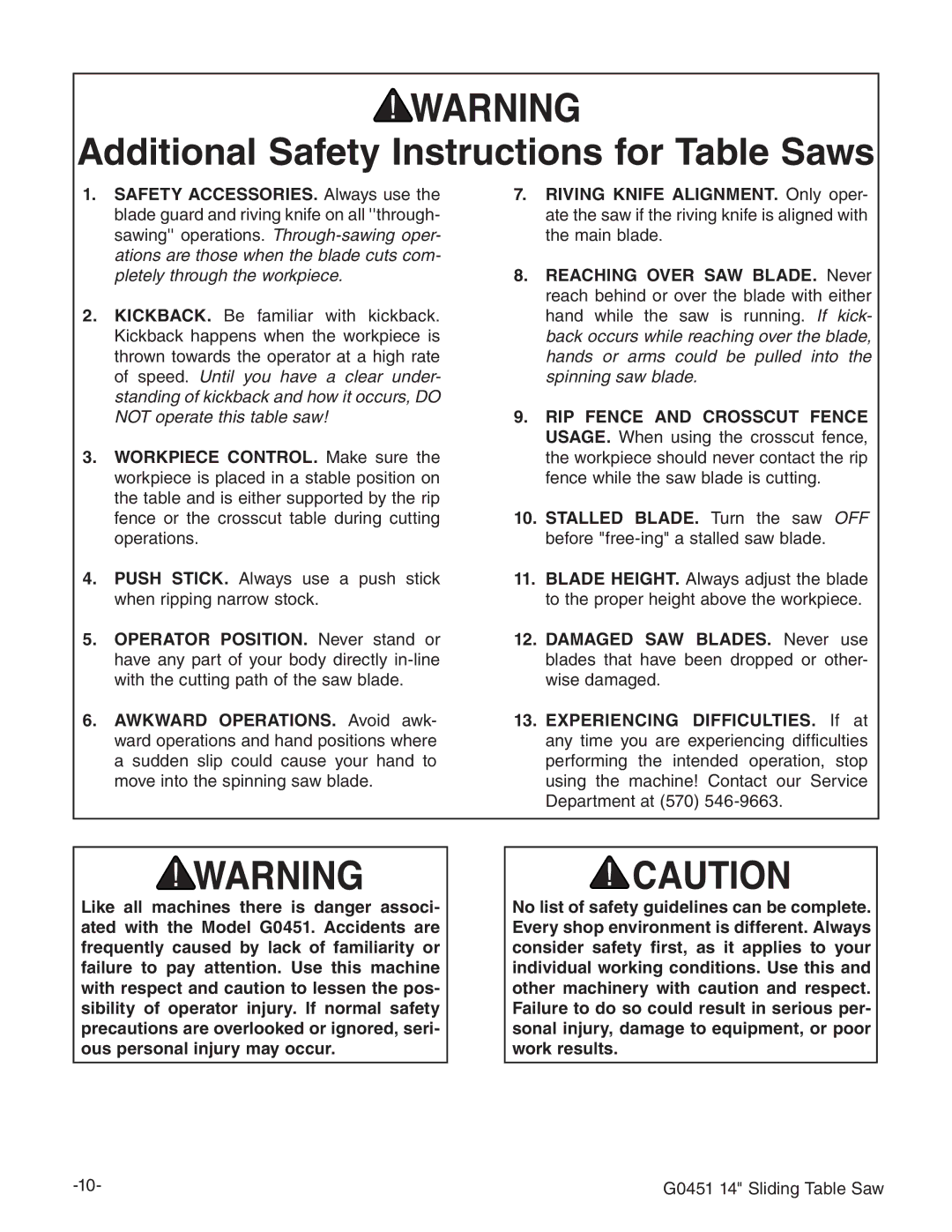 Grizzly G0451 instruction manual Additional Safety Instructions for Table Saws 