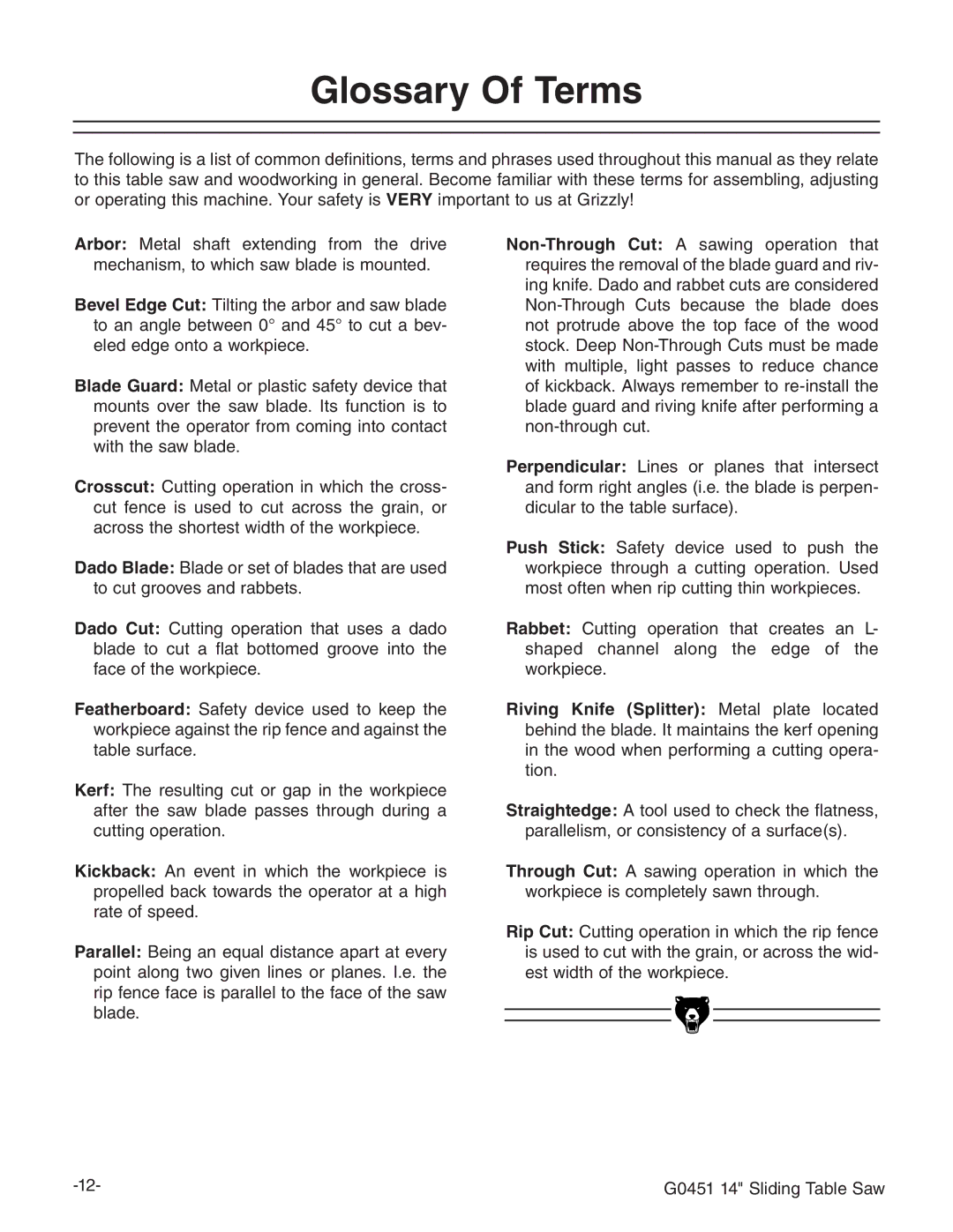 Grizzly G0451 instruction manual Glossary Of Terms 