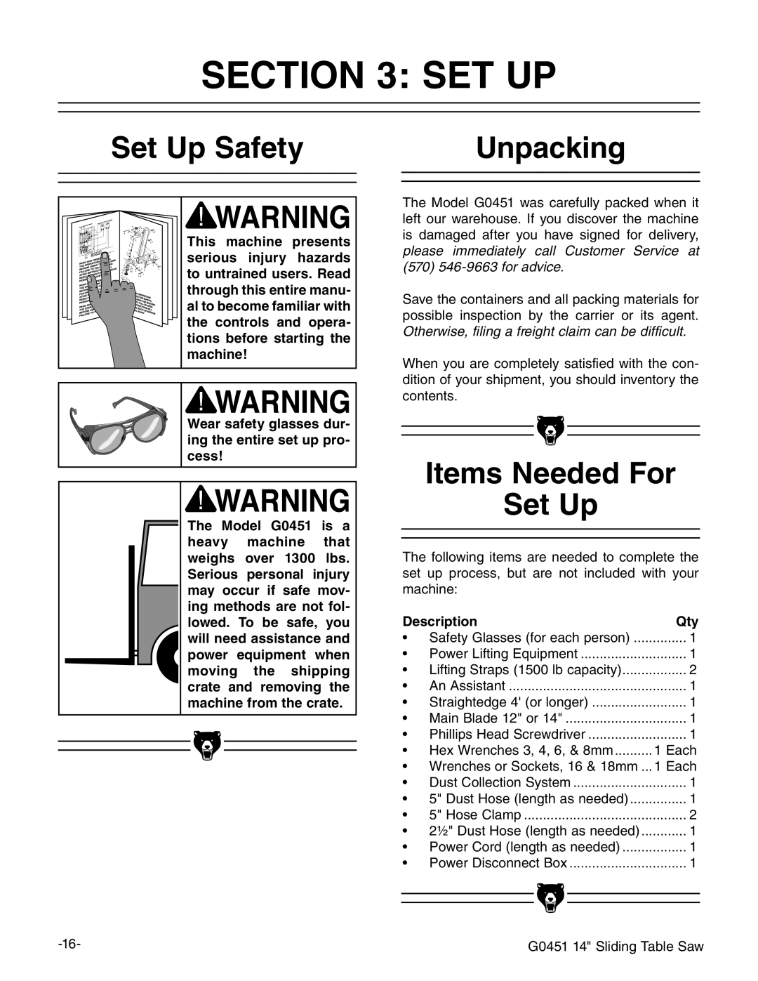 Grizzly G0451 instruction manual Set Up Safety Unpacking, Items Needed For Set Up, Description Qty 