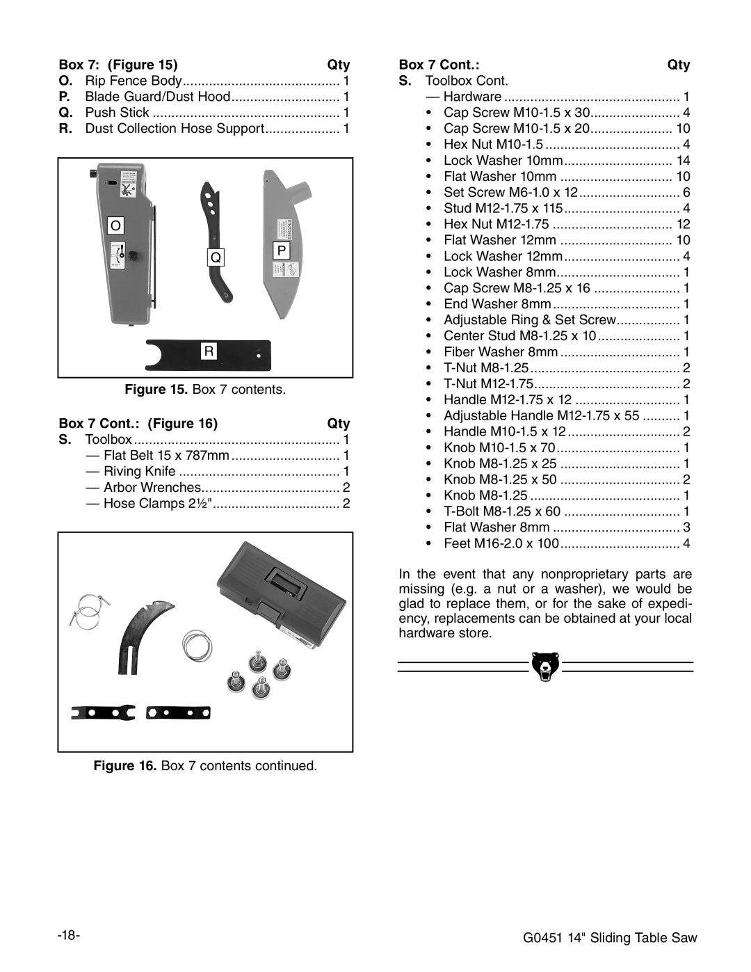 Grizzly G0451 instruction manual Box 7 Figure Qty, Box 7 Cont. Figure Qty, Box 7 Qty 