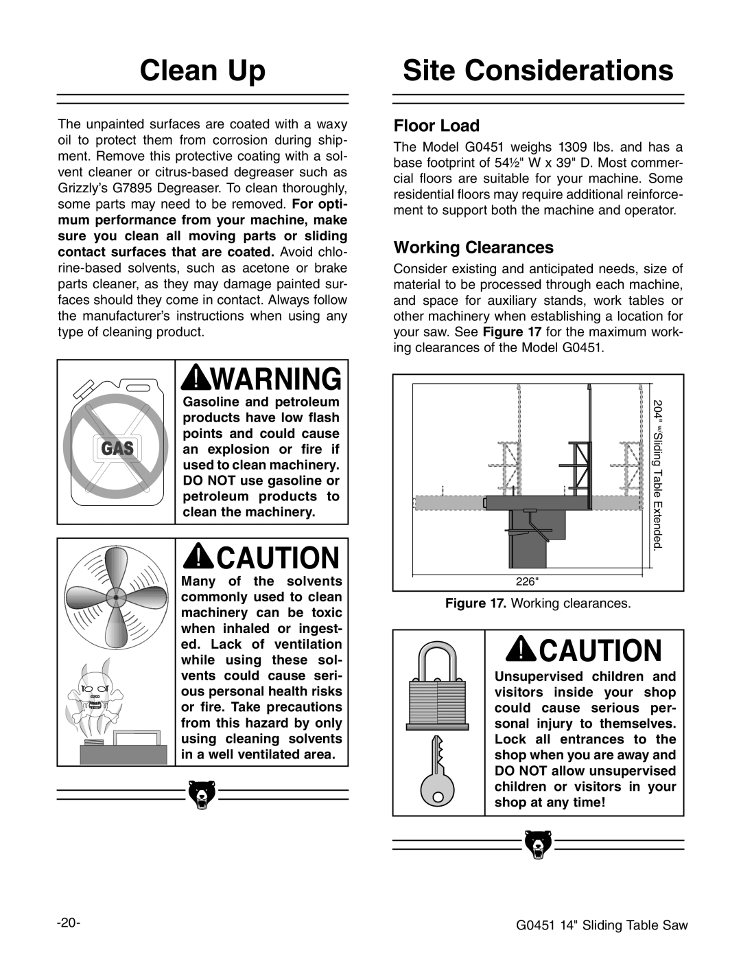 Grizzly G0451 instruction manual Clean Up, Site Considerations 