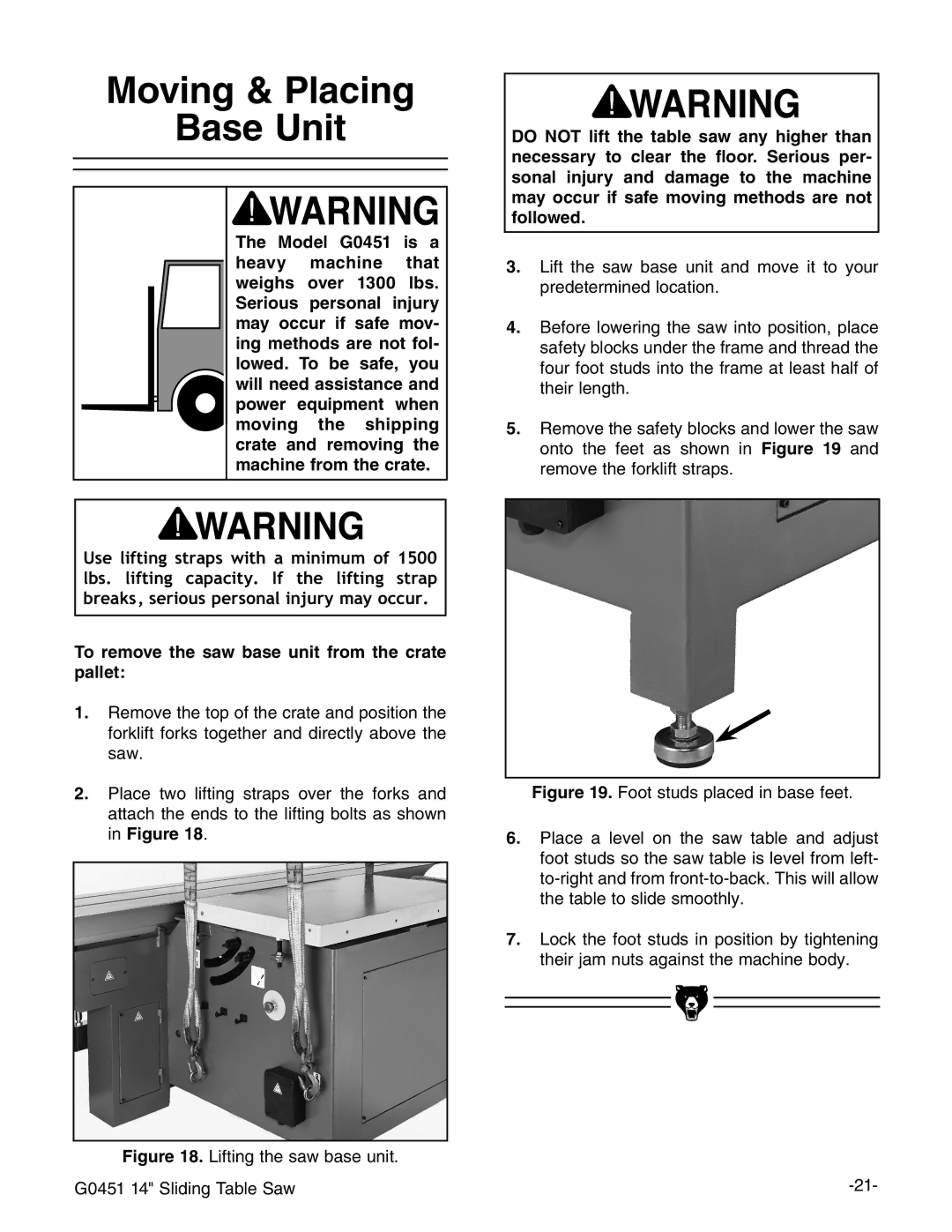 Grizzly instruction manual Moving & Placing Base Unit, Lifting the saw base unit G0451 14 Sliding Table Saw 