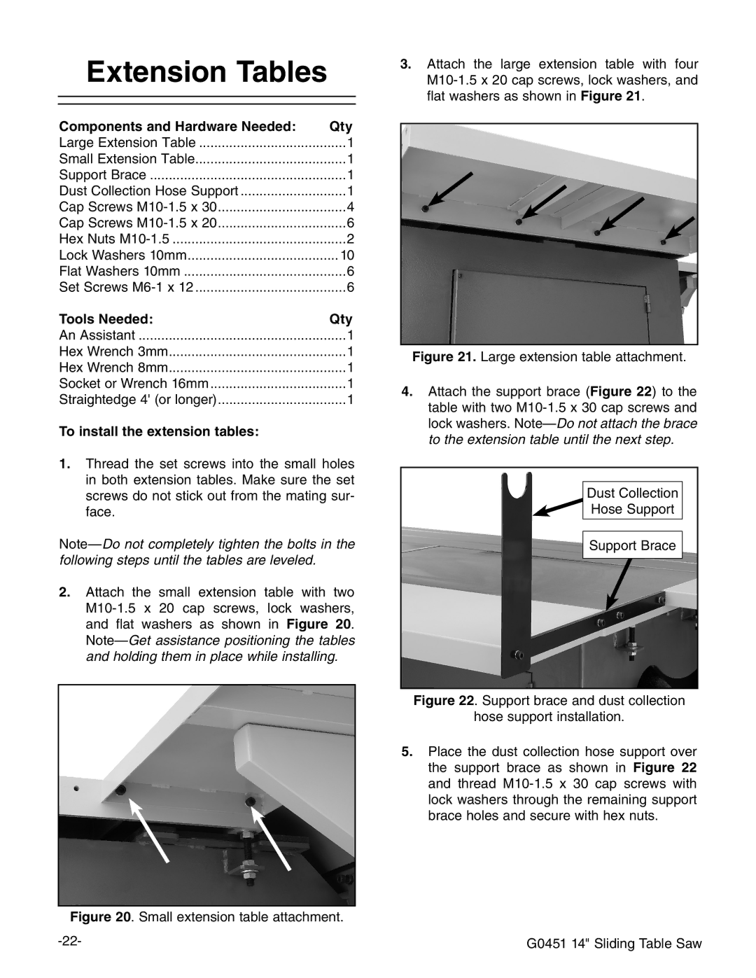 Grizzly G0451 Extension Tables, Components and Hardware Needed Qty, Tools Needed Qty, To install the extension tables 