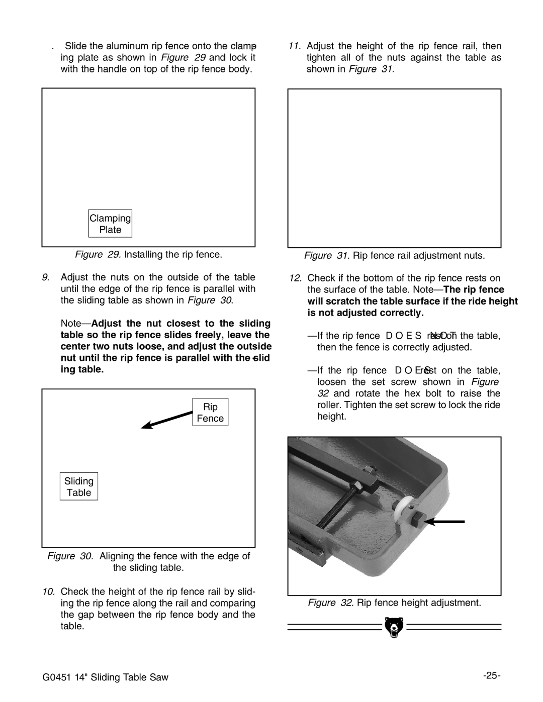 Grizzly instruction manual Rip fence height adjustment G0451 14 Sliding Table Saw 