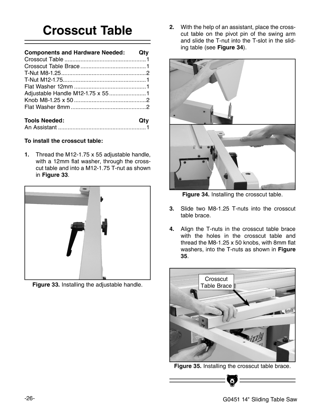 Grizzly G0451 instruction manual Crosscut Table, To install the crosscut table 