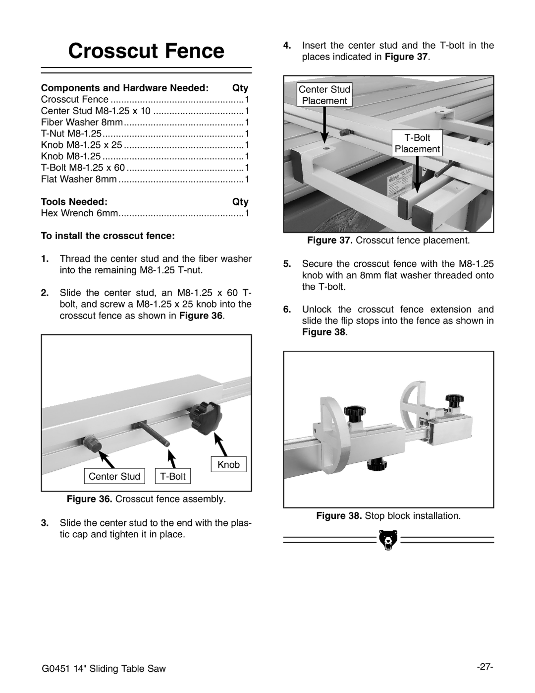 Grizzly G0451 instruction manual Crosscut Fence, To install the crosscut fence 