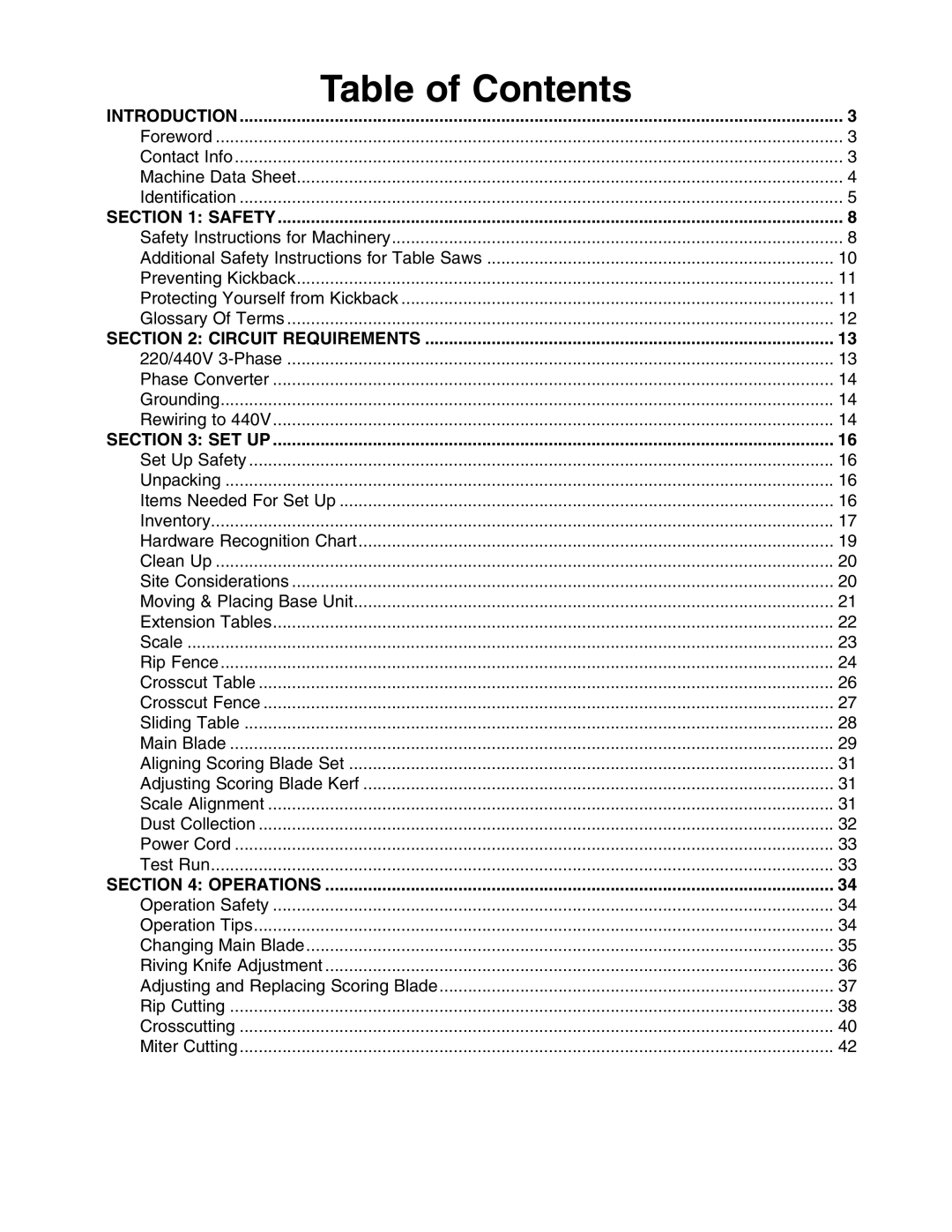 Grizzly G0451 instruction manual Table of Contents 