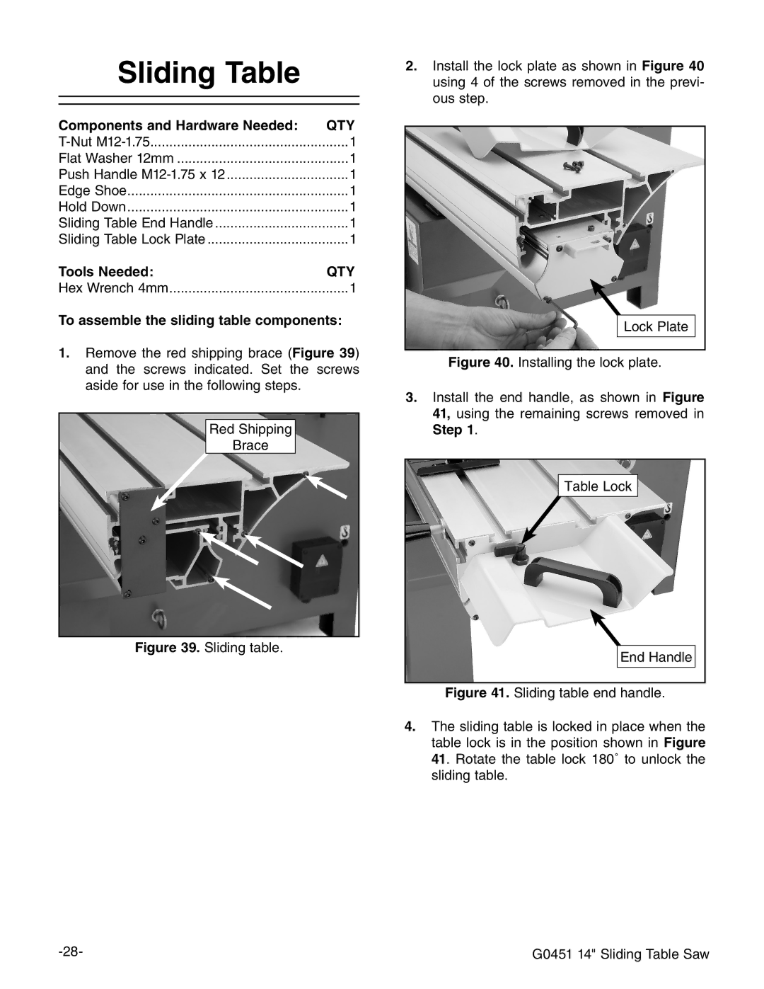 Grizzly G0451 Sliding Table, Components and Hardware Needed, Tools Needed, To assemble the sliding table components 