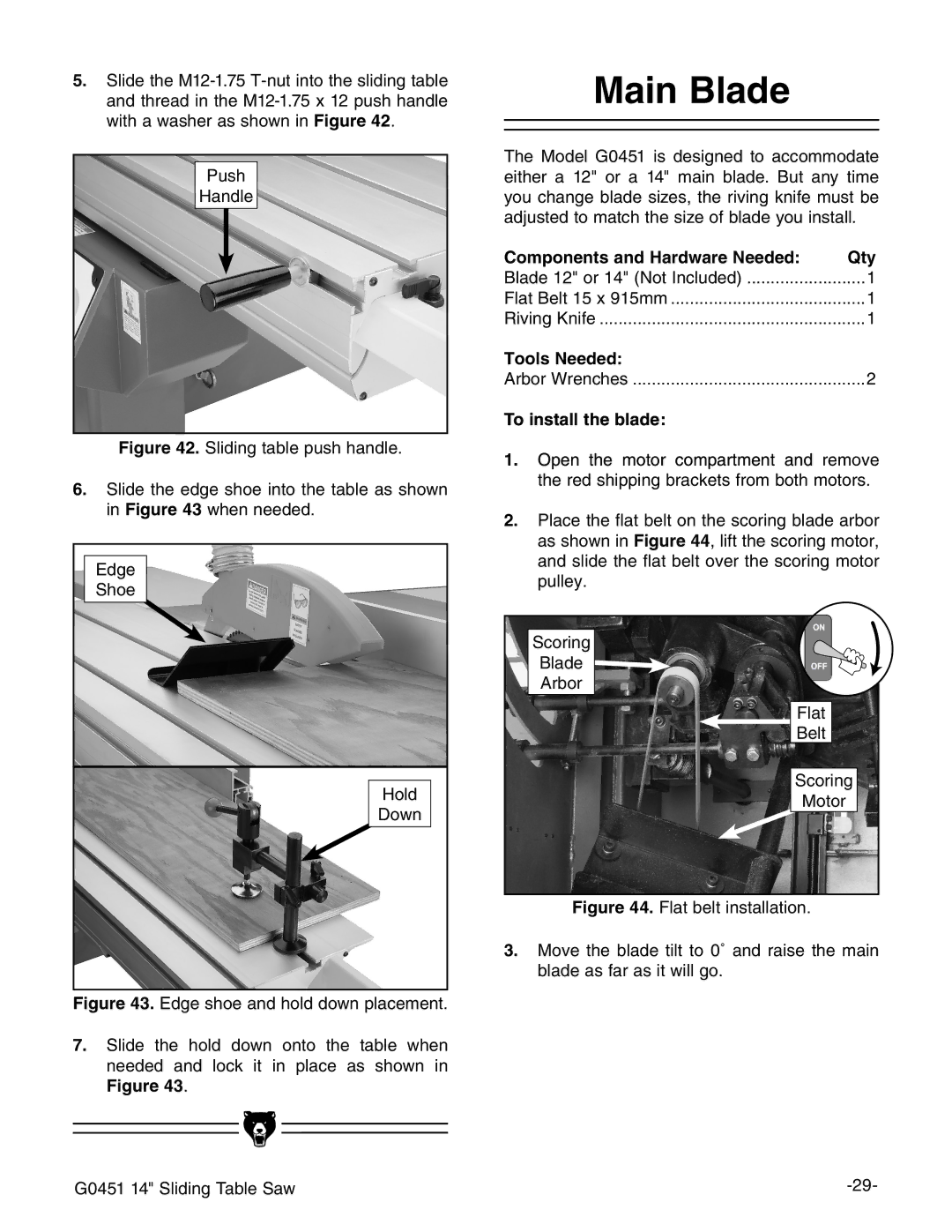 Grizzly G0451 instruction manual Main Blade, To install the blade 