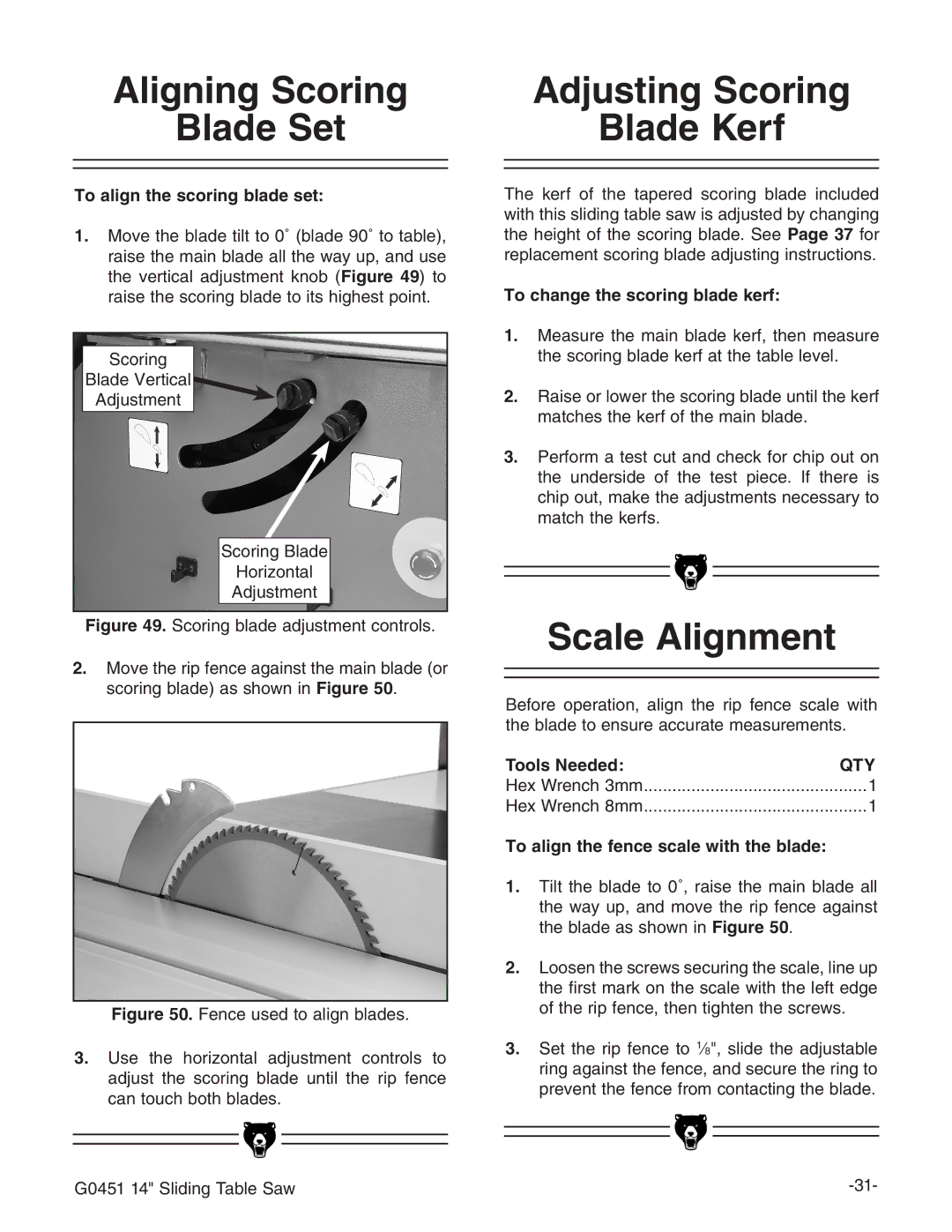 Grizzly G0451 instruction manual Aligning Scoring Blade Set, Adjusting Scoring Blade Kerf, Scale Alignment 