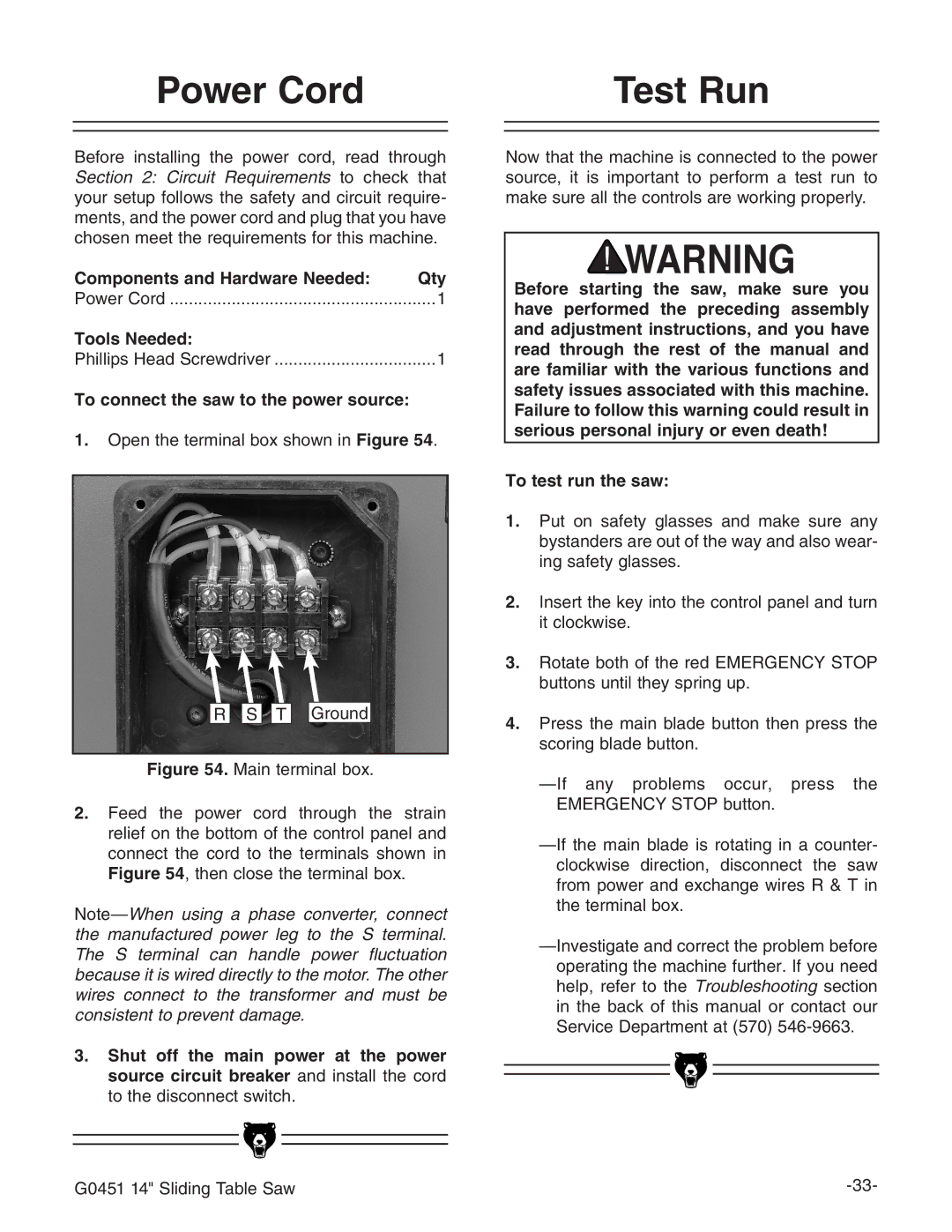 Grizzly G0451 instruction manual Power Cord Test Run, To connect the saw to the power source 