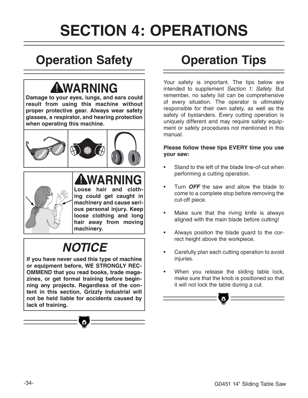 Grizzly G0451 Operations, Operation Safety Operation Tips, Please follow these tips Every time you use your saw 