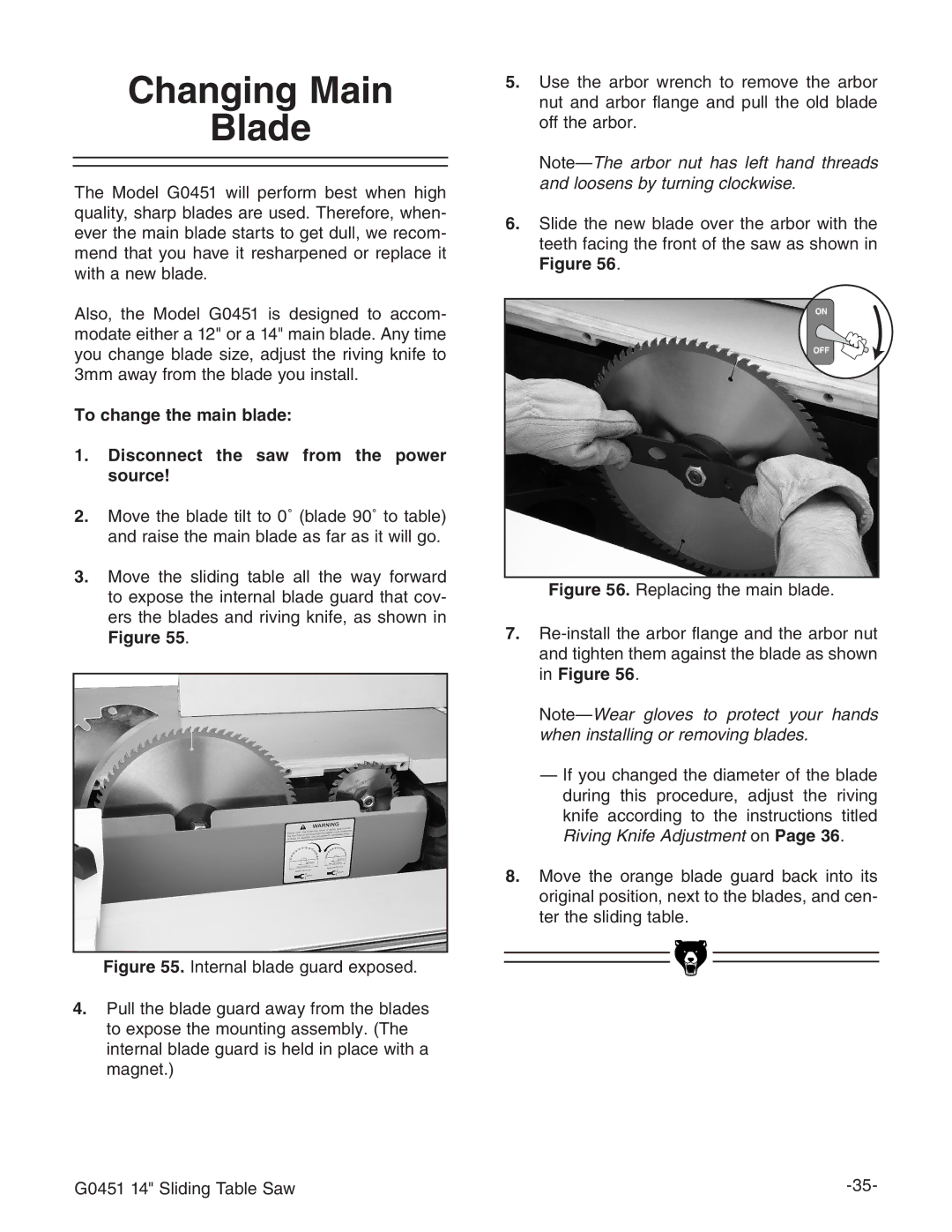 Grizzly G0451 instruction manual Changing Main Blade 