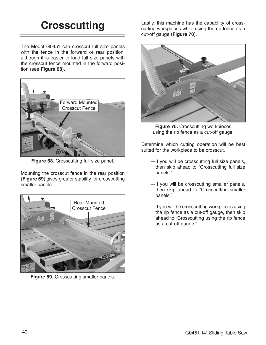 Grizzly instruction manual Crosscutting smaller panels G0451 14 Sliding Table Saw 