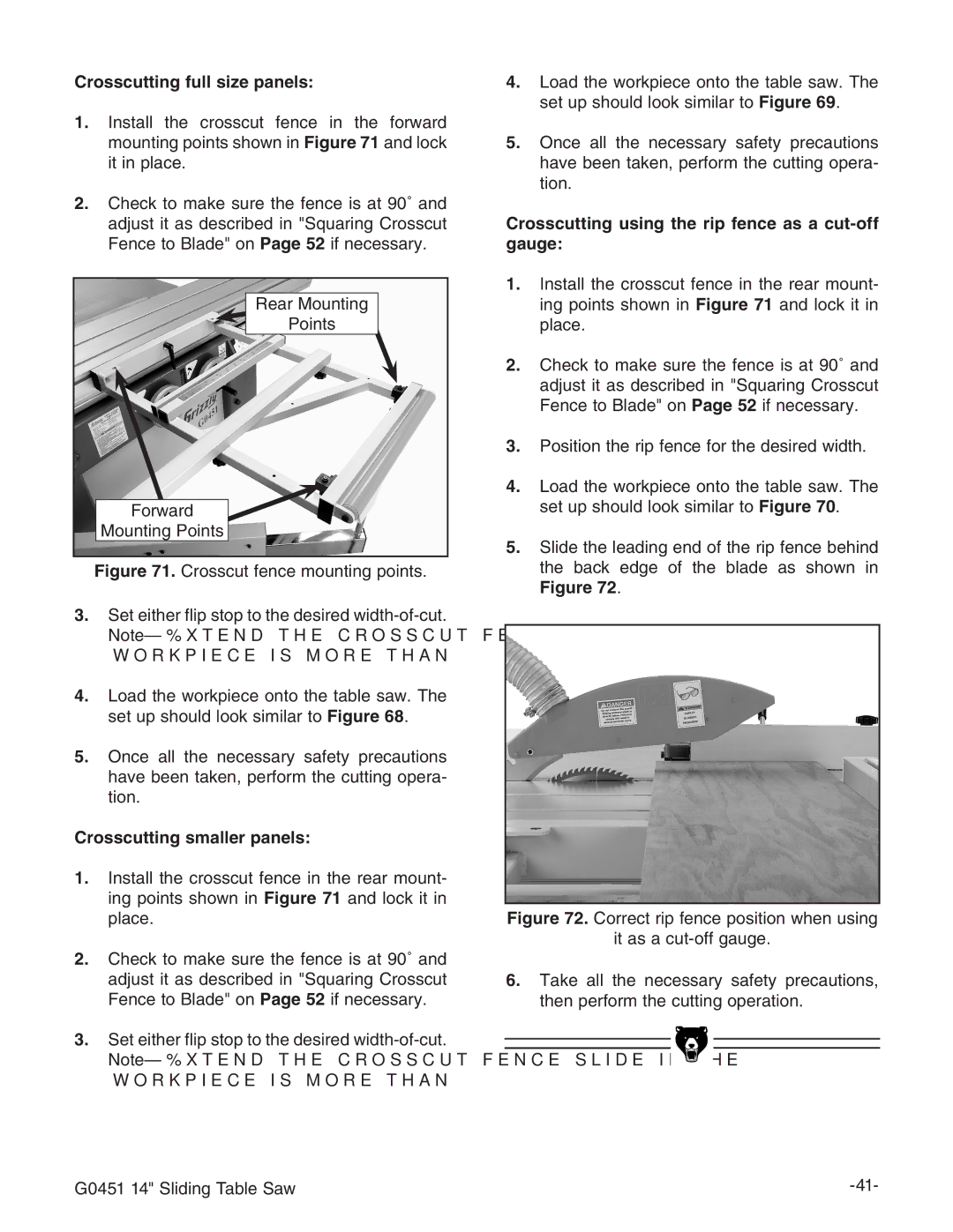 Grizzly G0451 instruction manual Crosscutting full size panels, Crosscutting using the rip fence as a cut-off, Gauge 