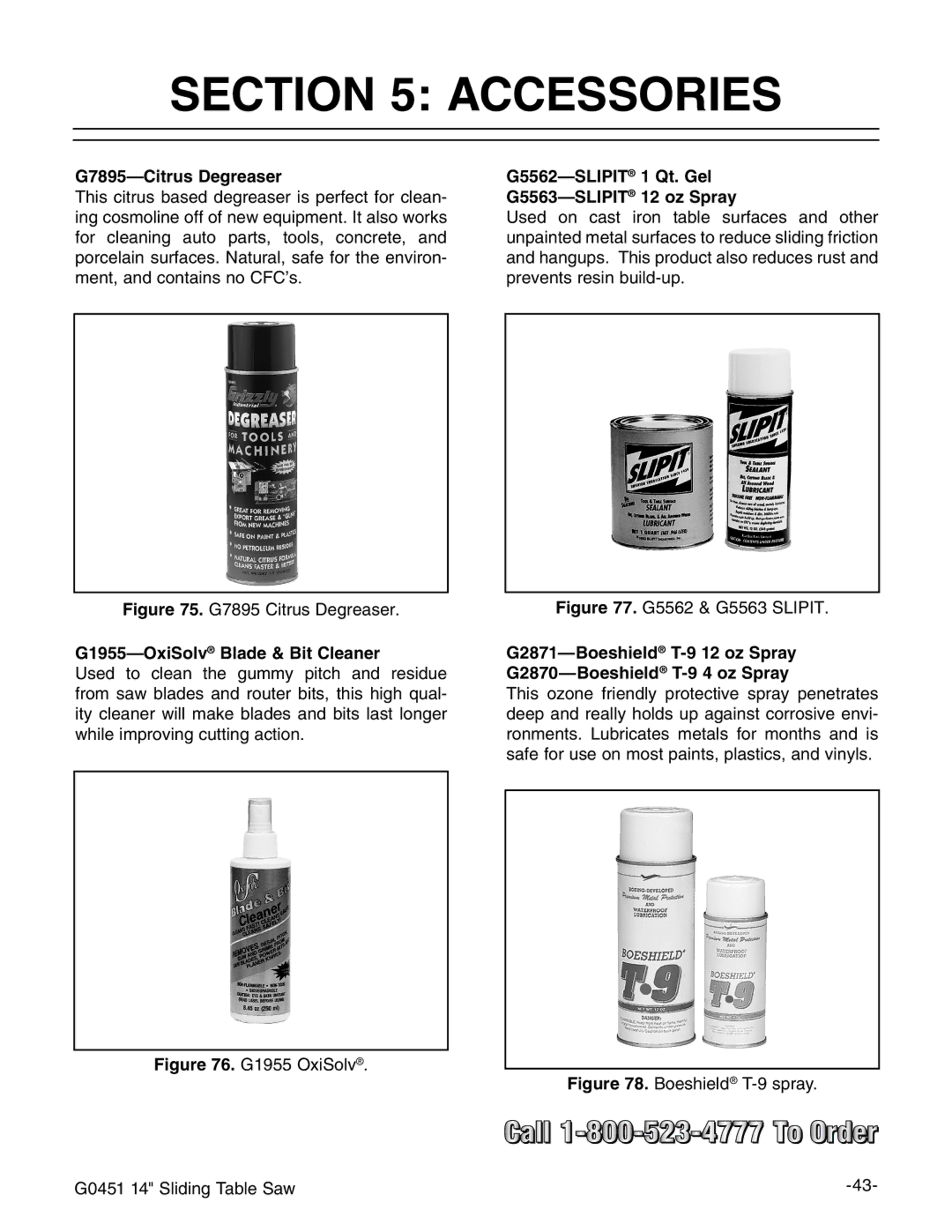 Grizzly G0451 instruction manual Accessories, G7895-Citrus Degreaser, G1955-OxiSolvBlade & Bit Cleaner 