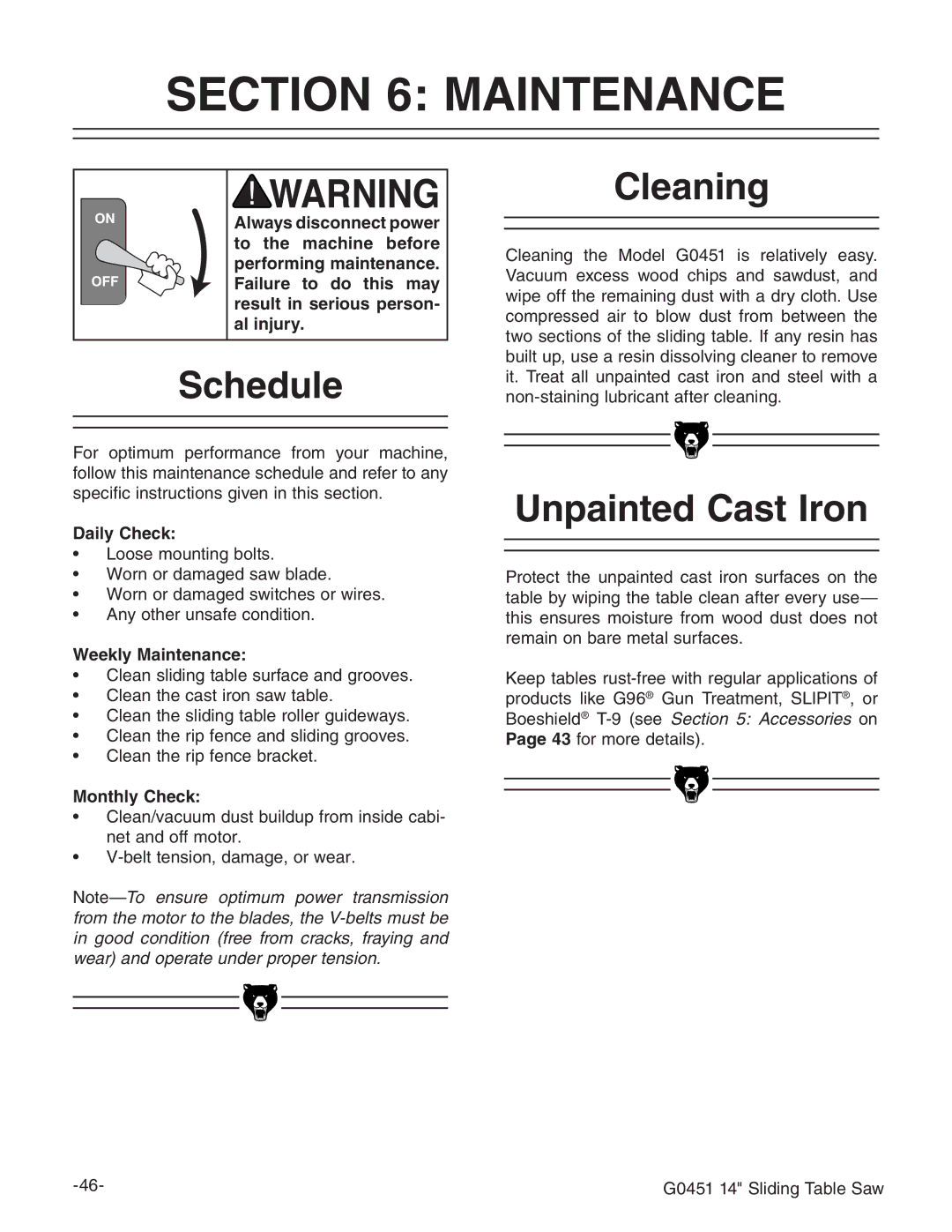 Grizzly G0451 instruction manual Maintenance, Schedule, Cleaning, Unpainted Cast Iron 