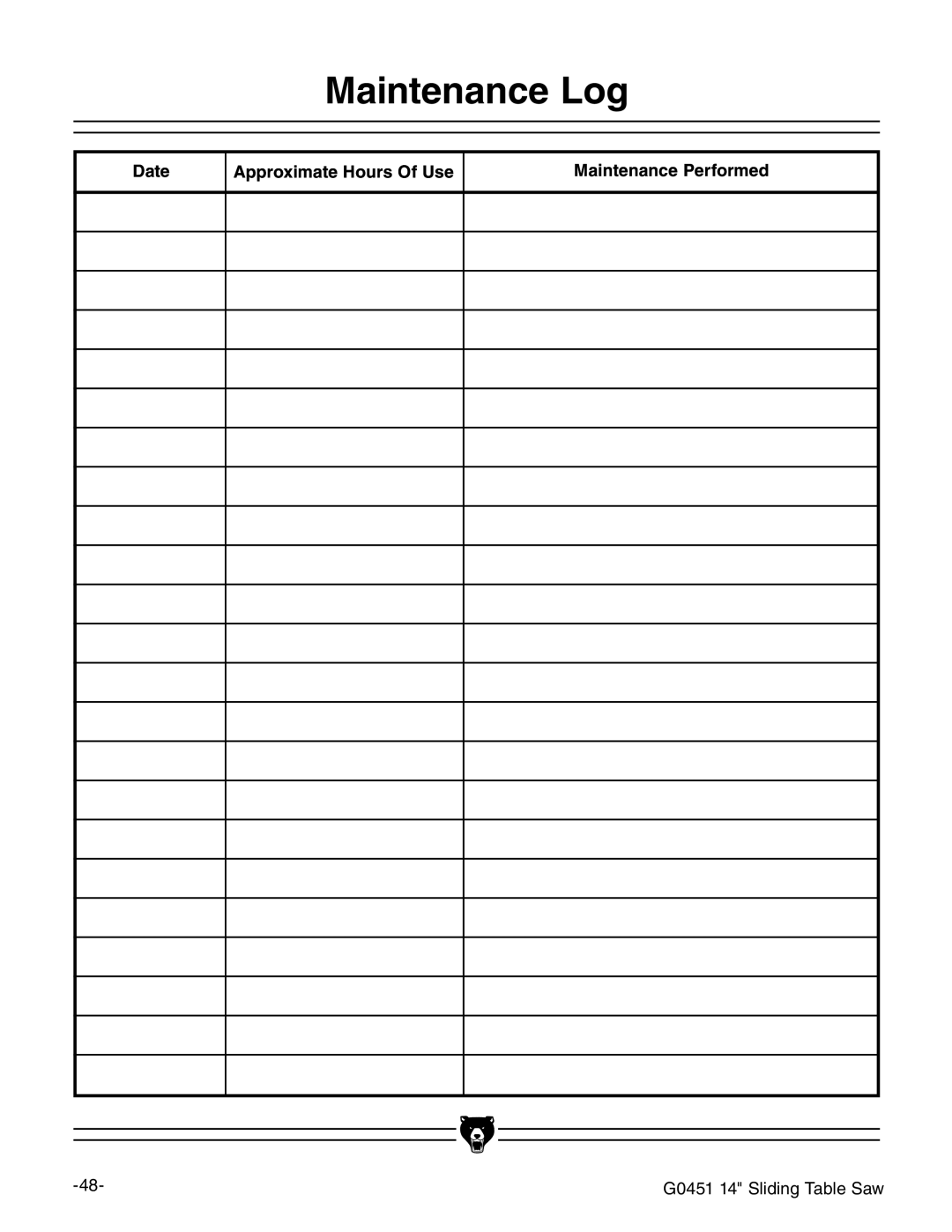 Grizzly G0451 instruction manual Maintenance Log, Date Approximate Hours Of Use Maintenance Performed 