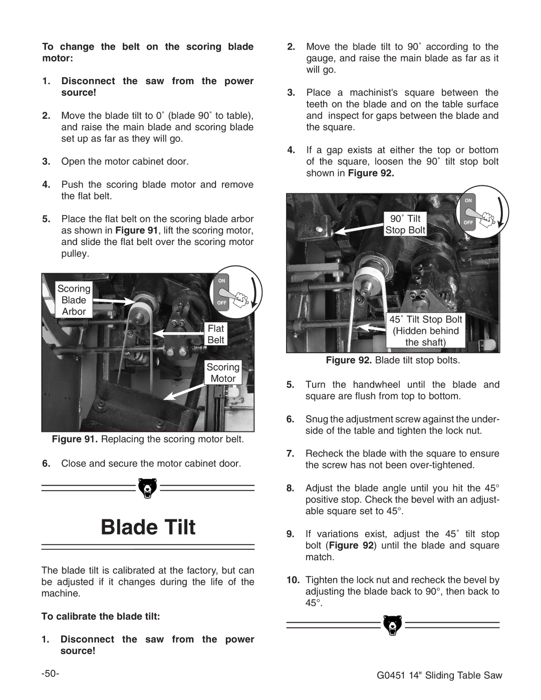 Grizzly G0451 instruction manual Blade Tilt 