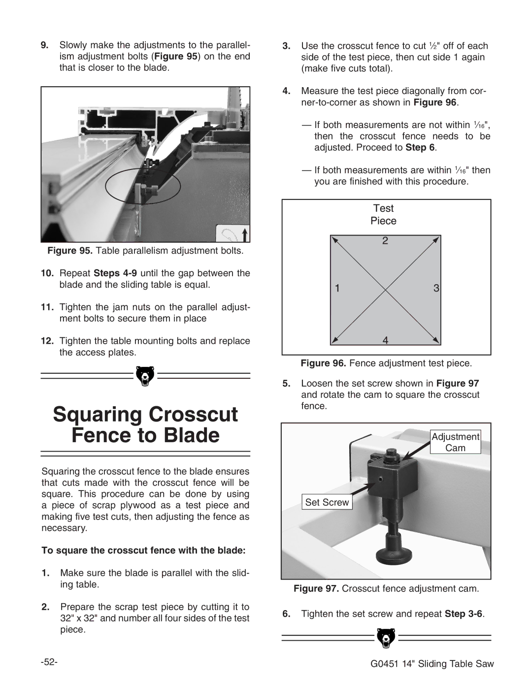 Grizzly G0451 instruction manual Squaring Crosscut Fence to Blade, To square the crosscut fence with the blade 