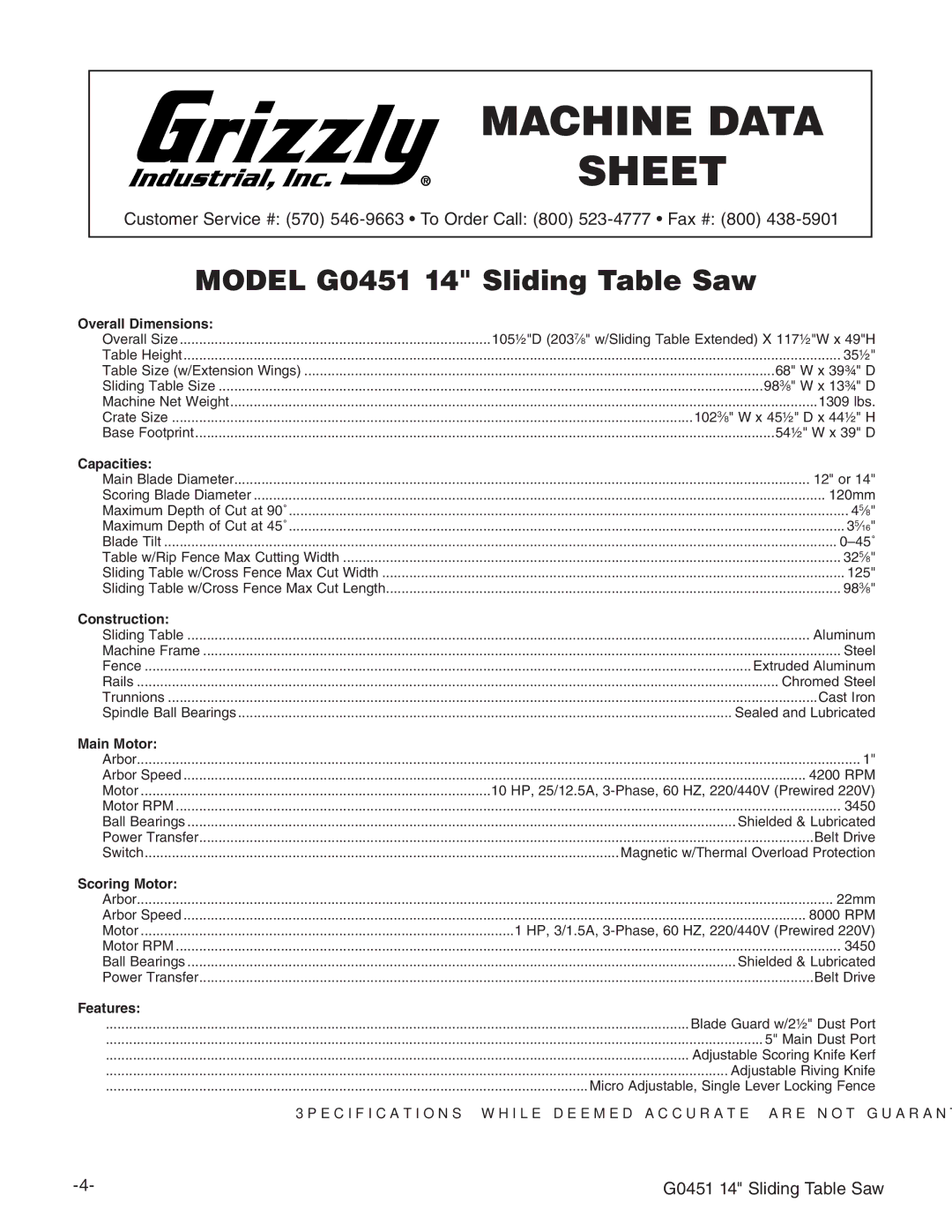 Grizzly G0451 instruction manual Machine Data Sheet 