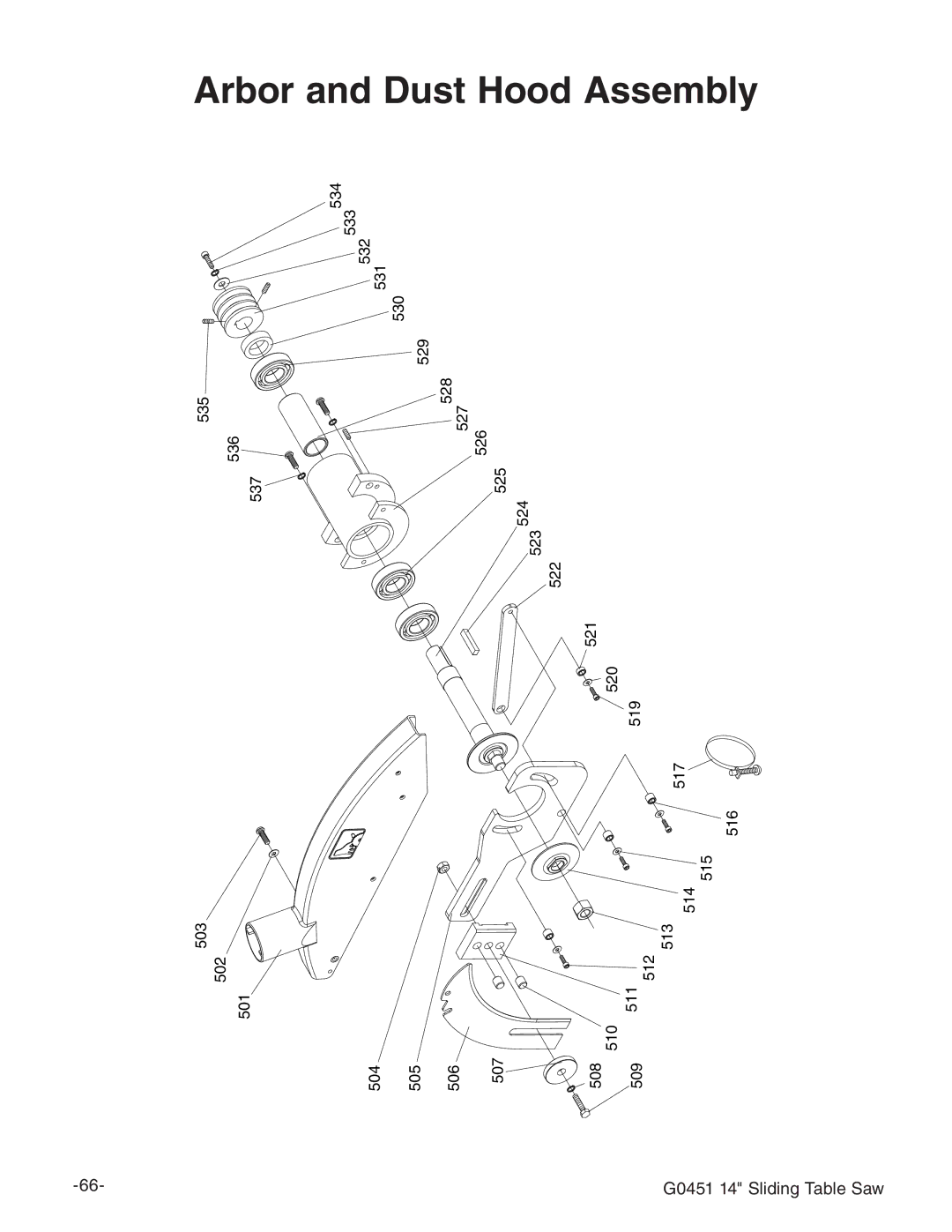 Grizzly G0451 instruction manual Arbor and Dust Hood Assembly 