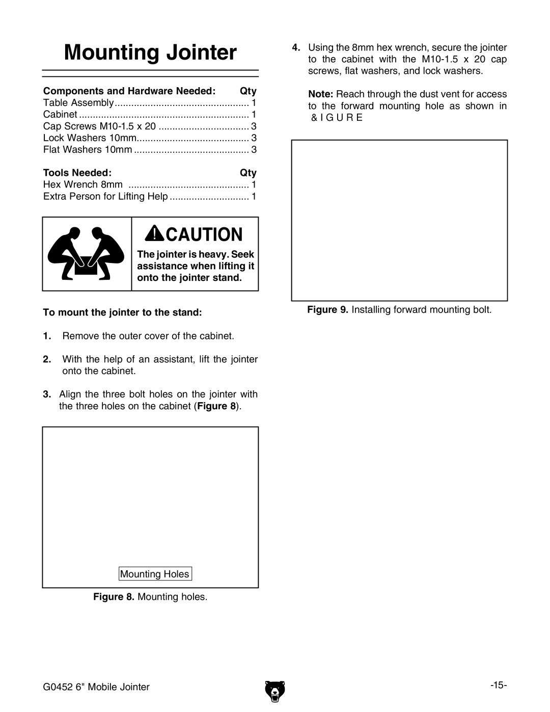 Grizzly G0452 owner manual Ounting *OINTER, 4O Mountuthehjointernto THEHSTAND 