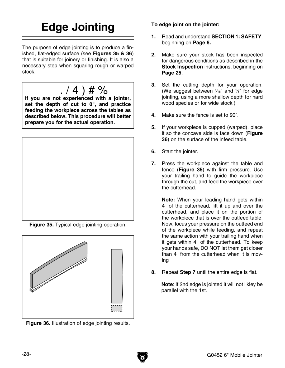 Grizzly G0452 owner manual Dge *Ointing, Igure IneXVaZY\Zdcic\deZgVidc#, 4O Edge Jointion THEHJOINTER 