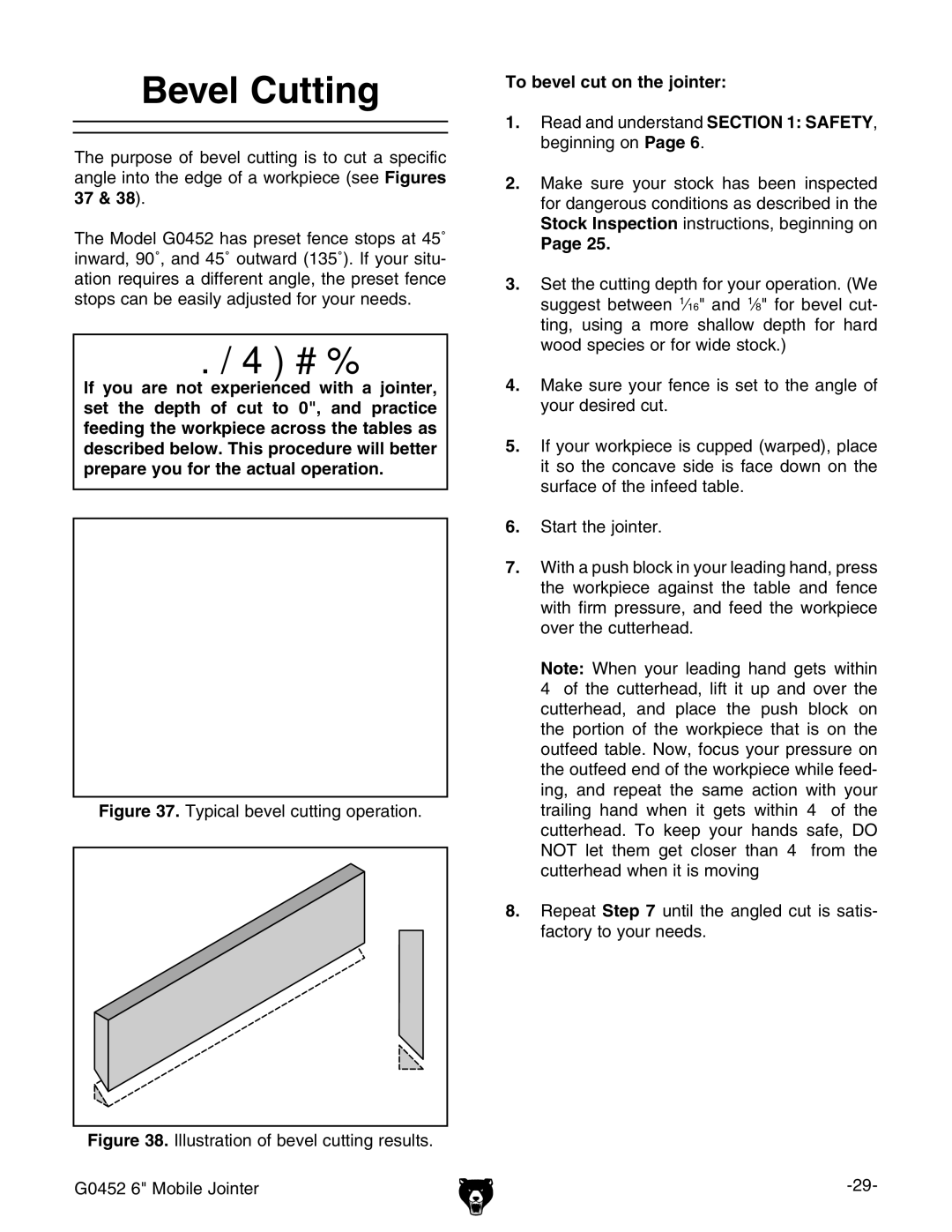 Grizzly G0452 owner manual Evel #UTTING, 4O Bevelvcutuon THEHJOINTER, 0AGE ,  