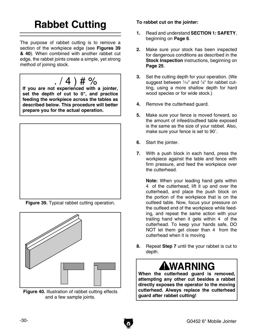 Grizzly G0452 owner manual 2ABBET #UTTING, 4O Rabbet Cutuon THEHJOINTER,  GZbdkZiZXjiiZgZVY\jVgY# 