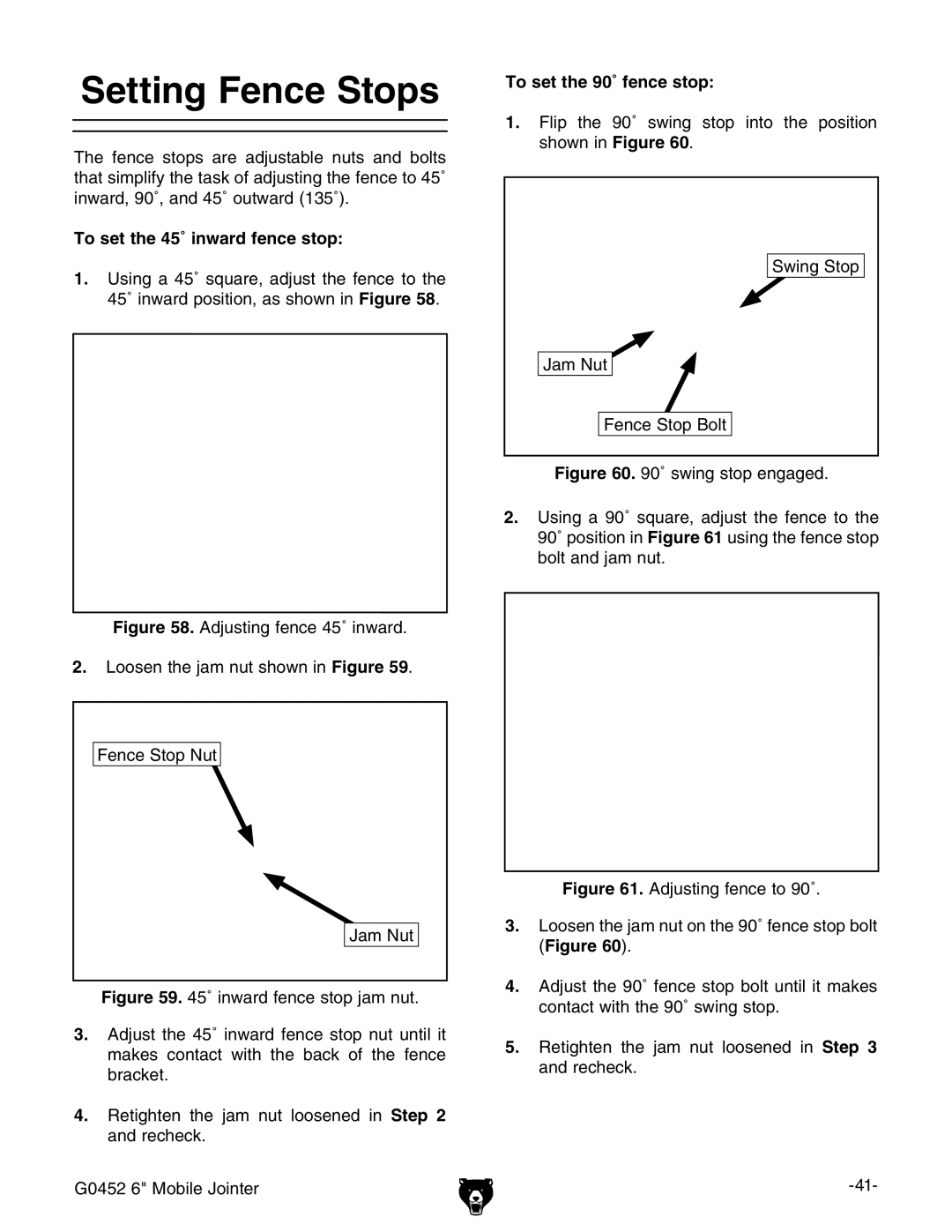 Grizzly G0452 owner manual 4O SETETHEHƒFENCENSTOP, 4O SETETHEHƒINWARD FENCENSTOP, &Igure  