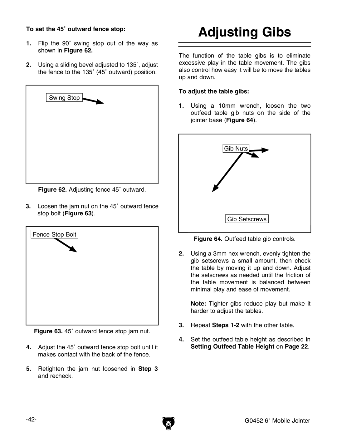 Grizzly G0452 owner manual Djusting IBS, 4O SETETHEHƒOUTWARDWFENCENSTOP, 4O Adjust THEHTABLEBGIBS 