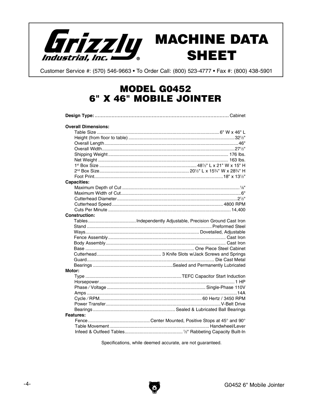 Grizzly G0452 owner manual #.%$!4!! 3%%4 