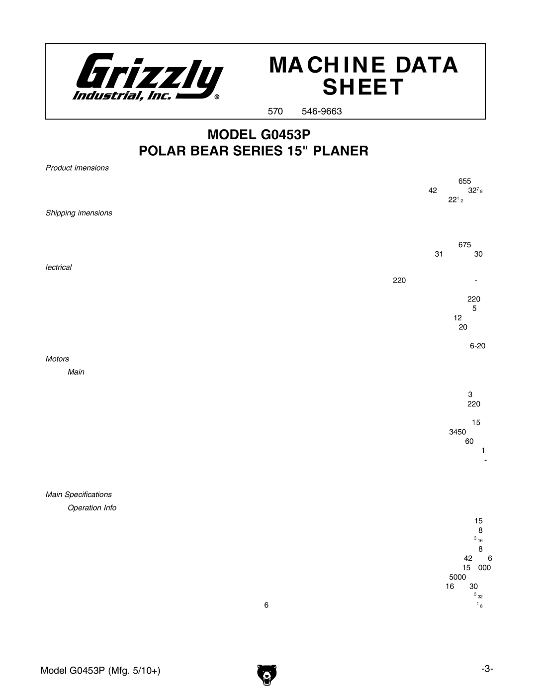 Grizzly manual Model G0453P Polar bear series 15 PlaNer 