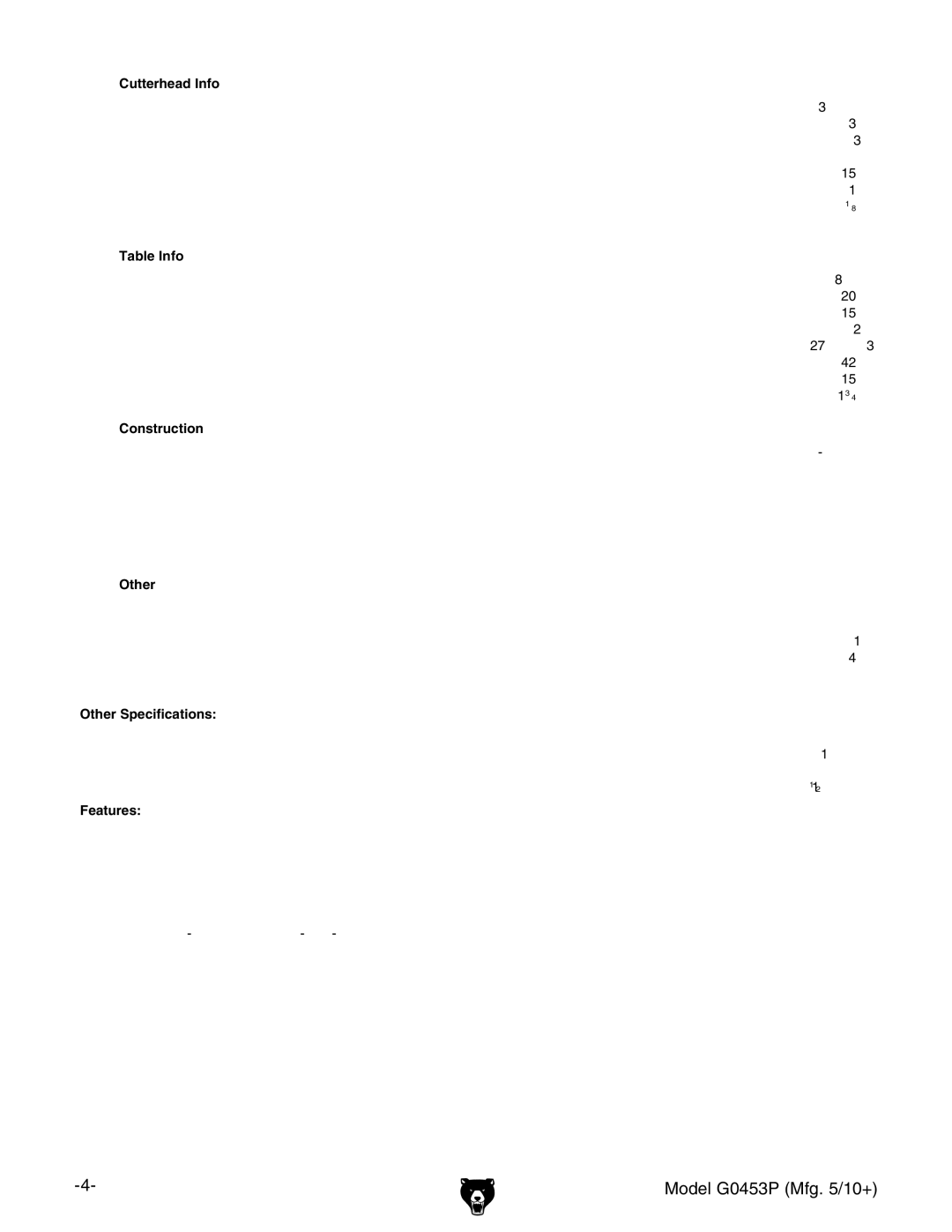 Grizzly G0453P manual Cutterhead Info, Table Info, Construction, Other Specifications, Features 